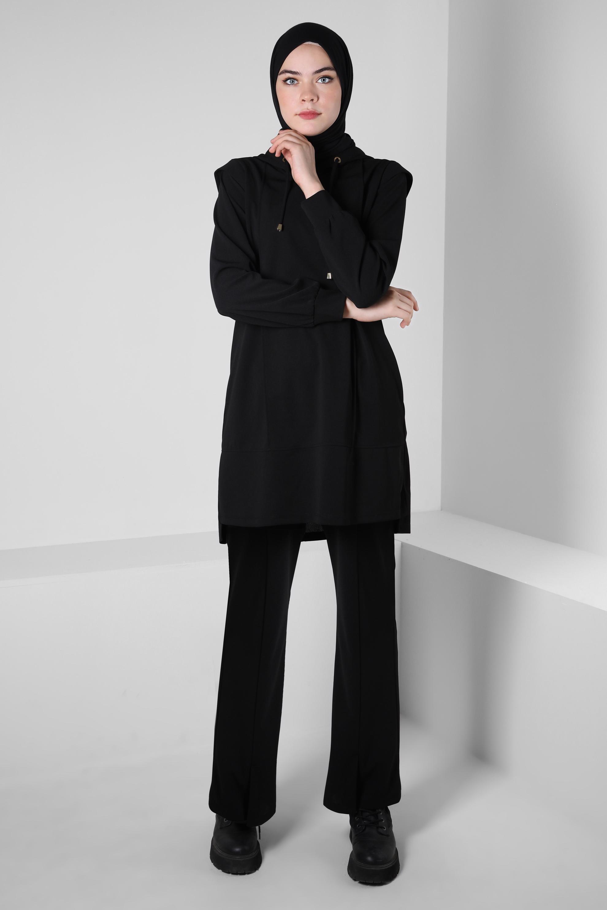 Tesettür giyim SİYAH KAPÜŞONLU PANTOLONLU TAKIM 44191