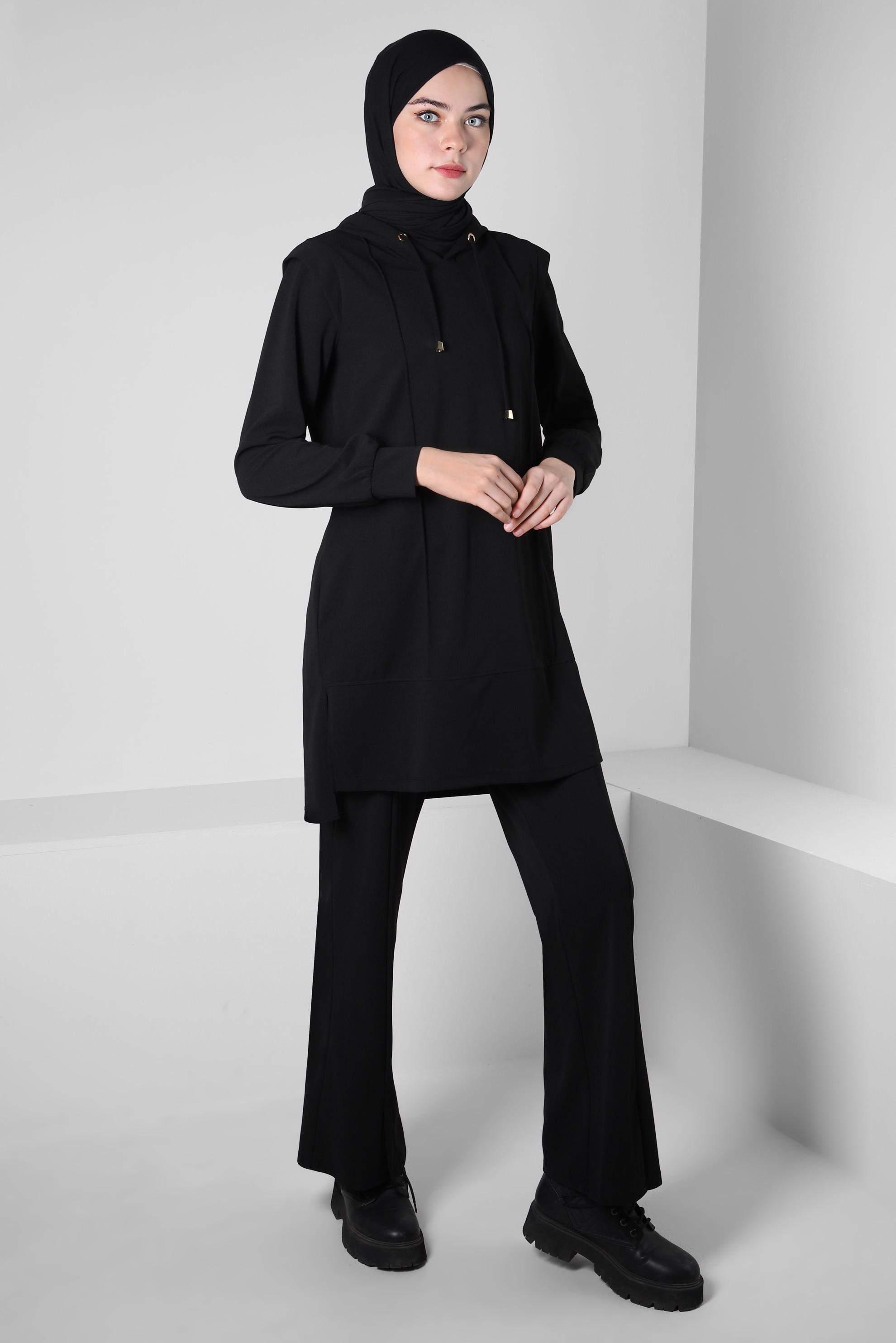 Tesettür giyim SİYAH KAPÜŞONLU PANTOLONLU TAKIM 44191