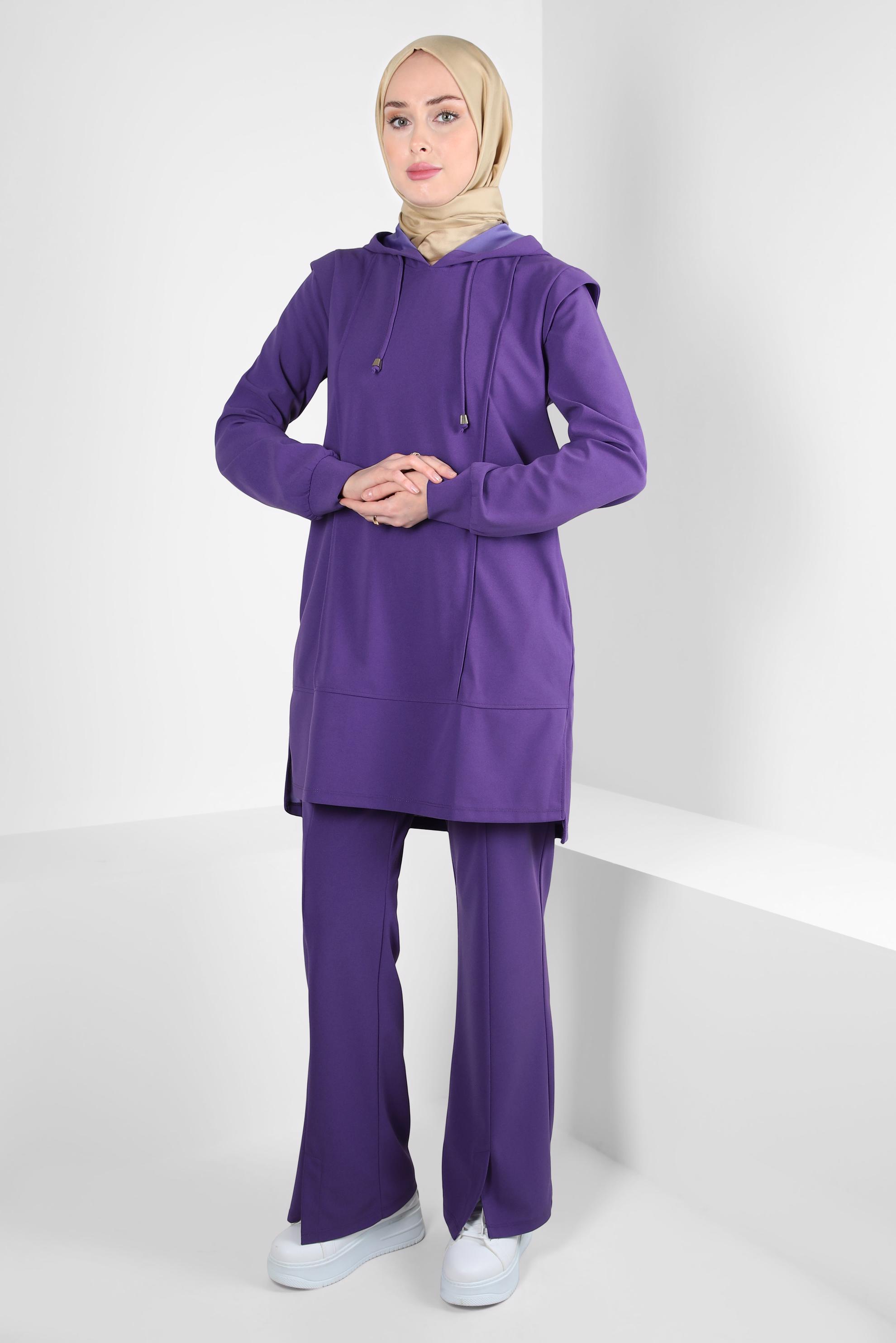 Tesettür giyim MOR KAPÜŞONLU PANTOLONLU TAKIM 44191