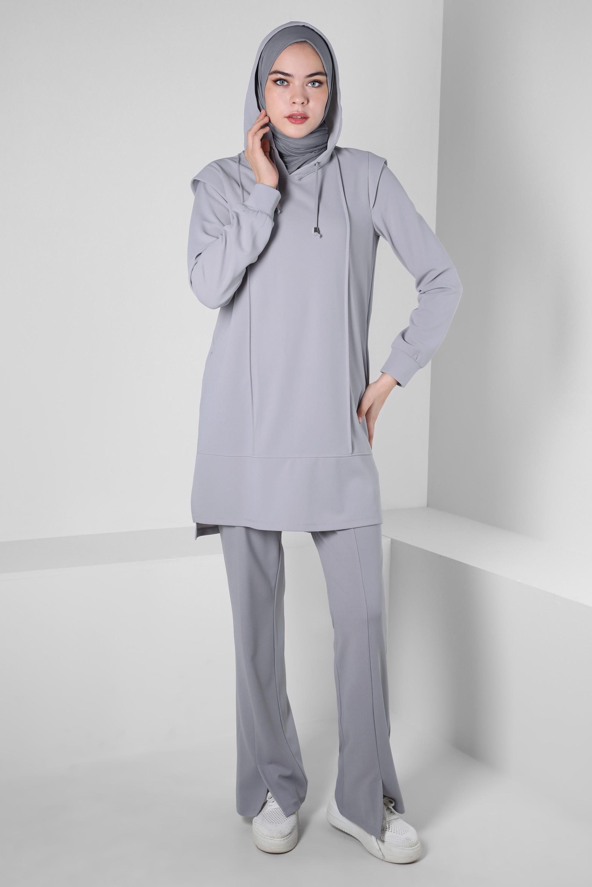 Tesettür giyim GRİ KAPÜŞONLU PANTOLONLU TAKIM 44191
