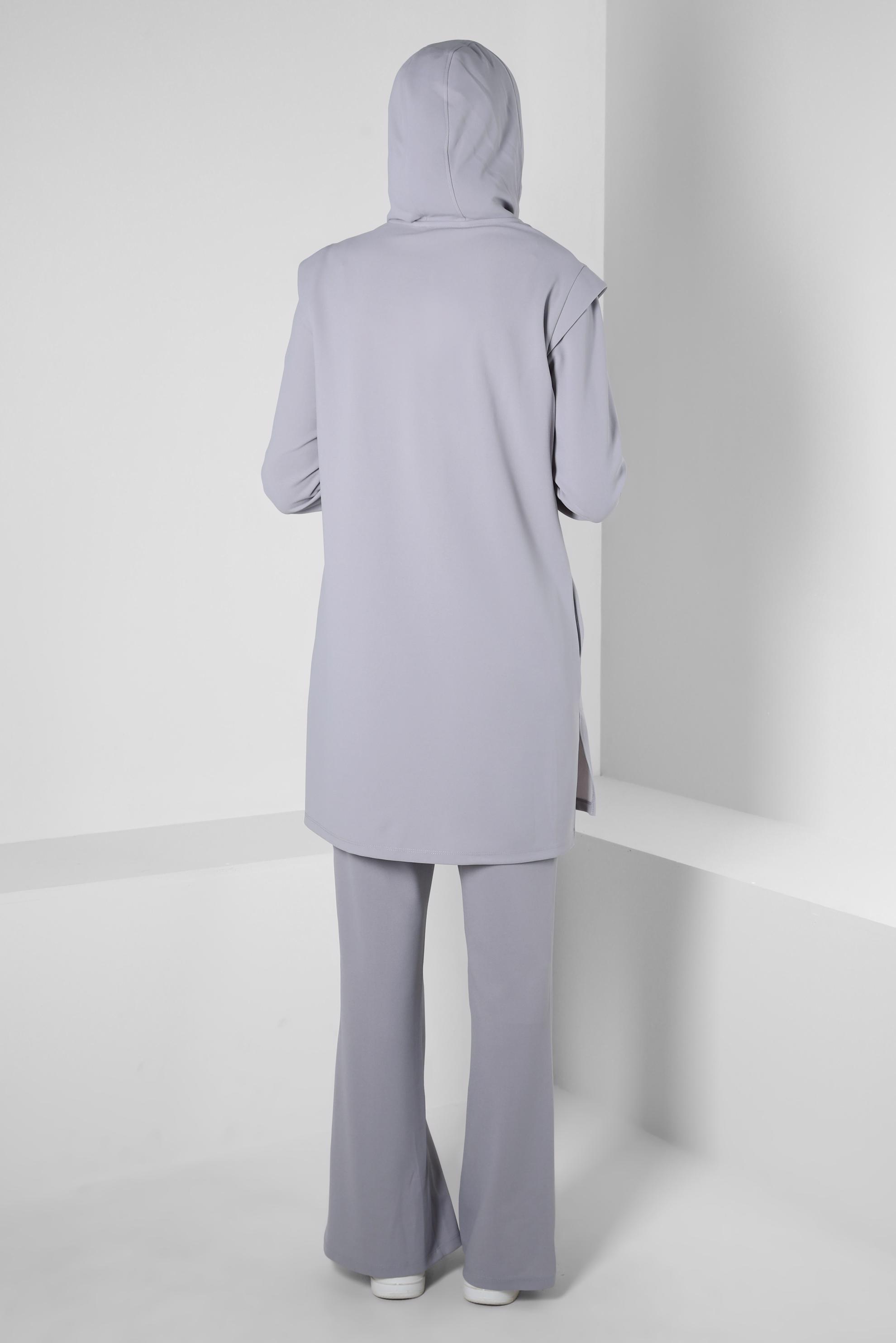 Tesettür giyim GRİ KAPÜŞONLU PANTOLONLU TAKIM 44191