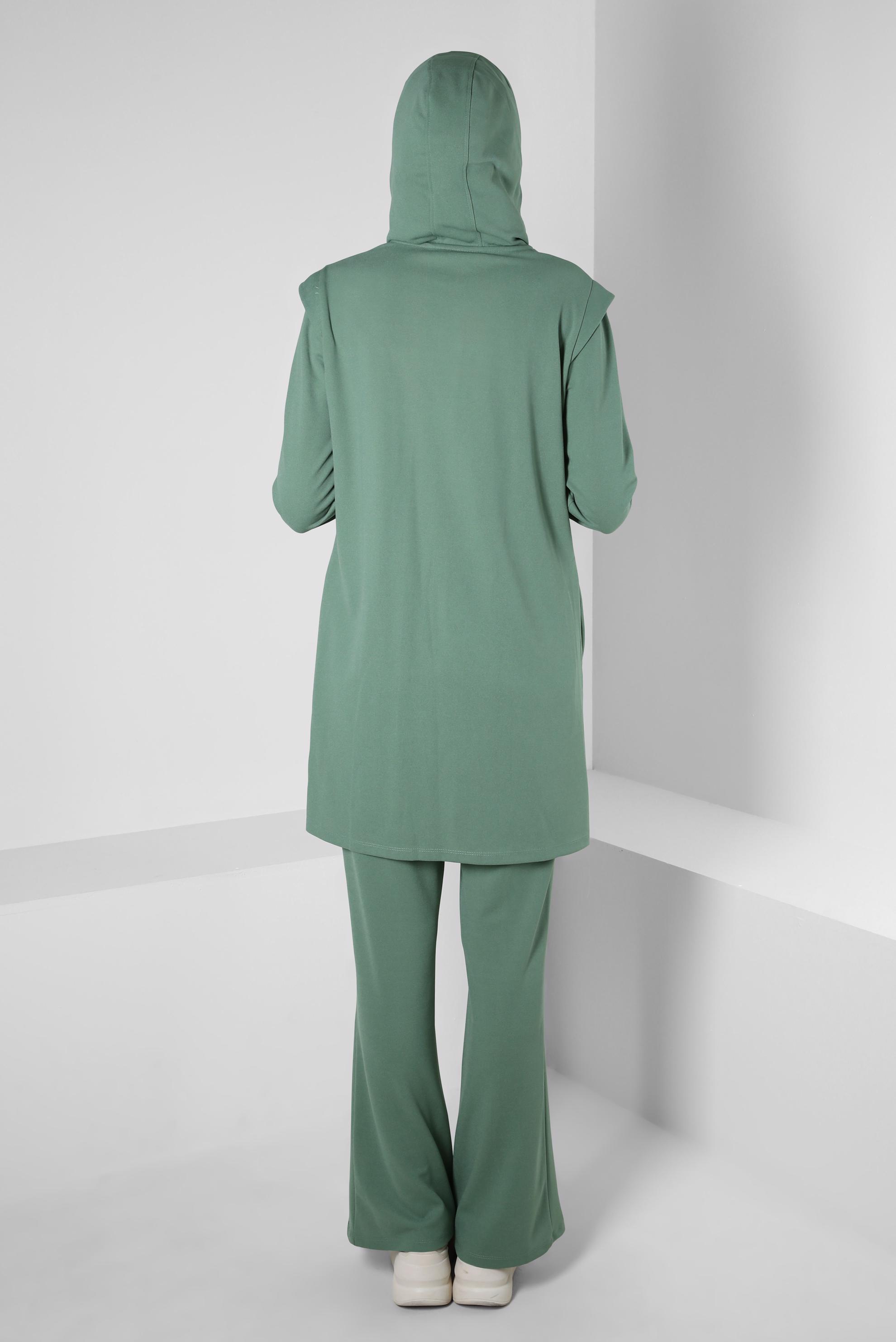 Tesettür giyim YEŞİL KAPÜŞONLU PANTOLONLU TAKIM 44191