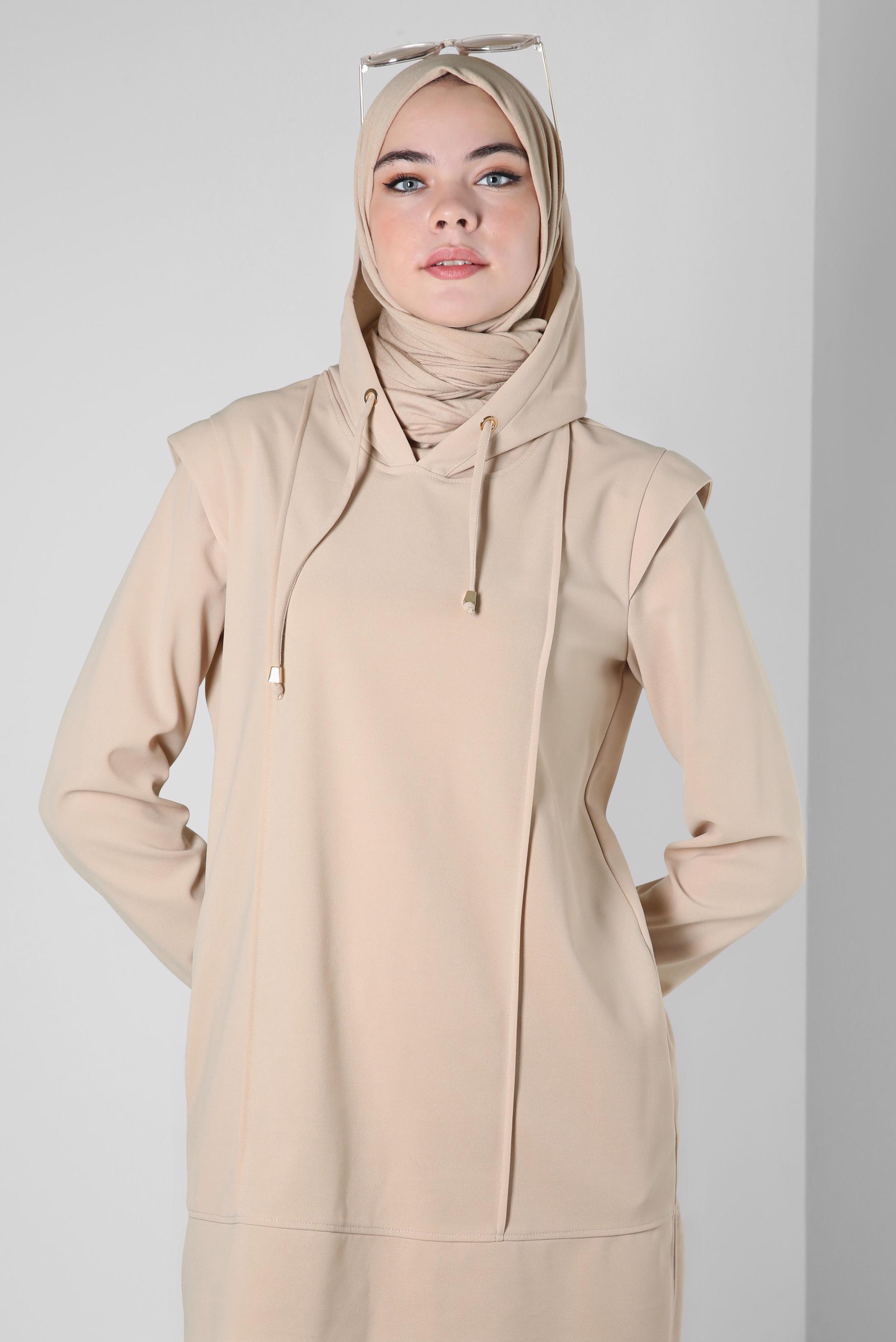 Tesettür giyim EKRU KAPÜŞONLU PANTOLONLU TAKIM 44191