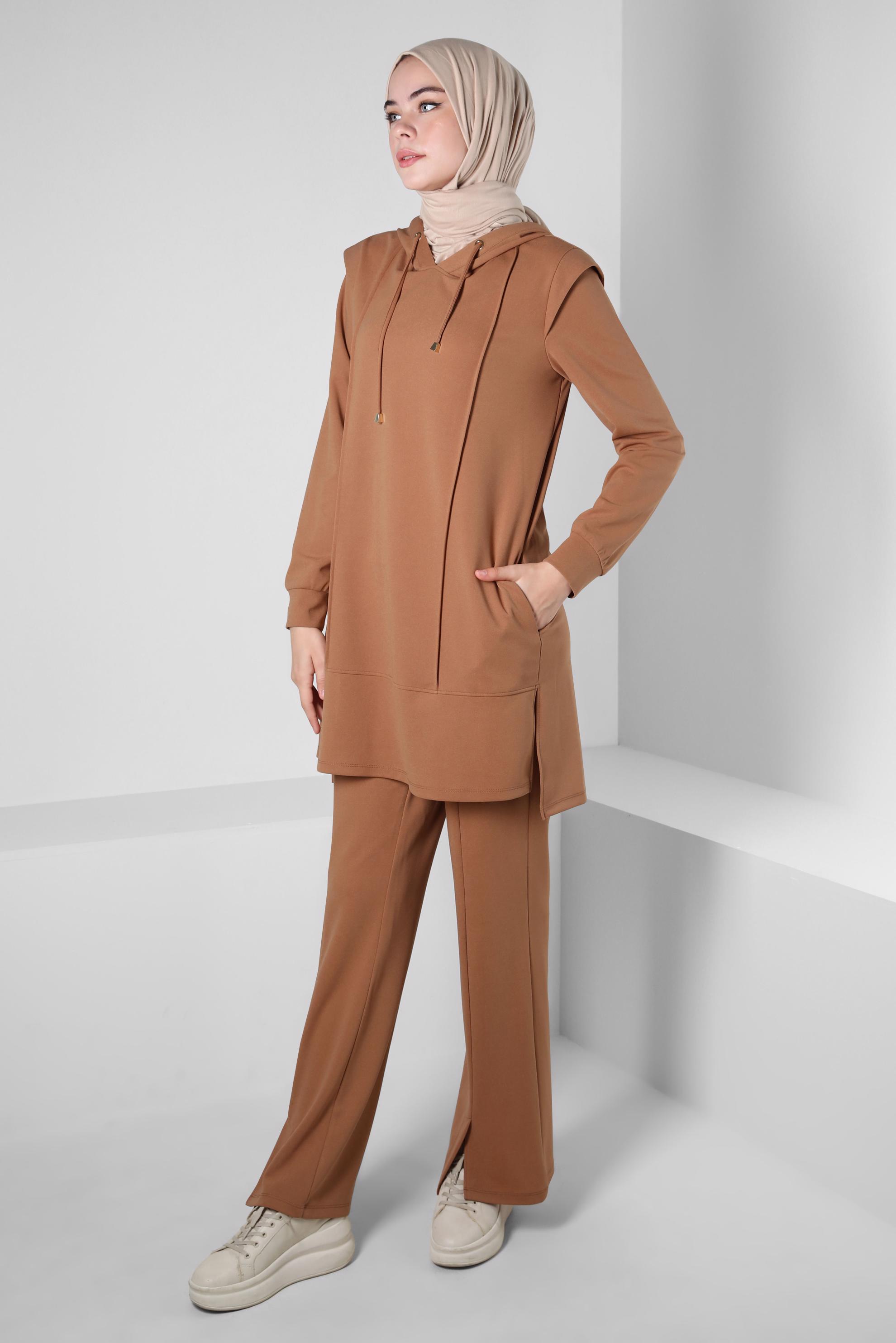 Tesettür giyim KAHVE KAPÜŞONLU PANTOLONLU TAKIM 44191