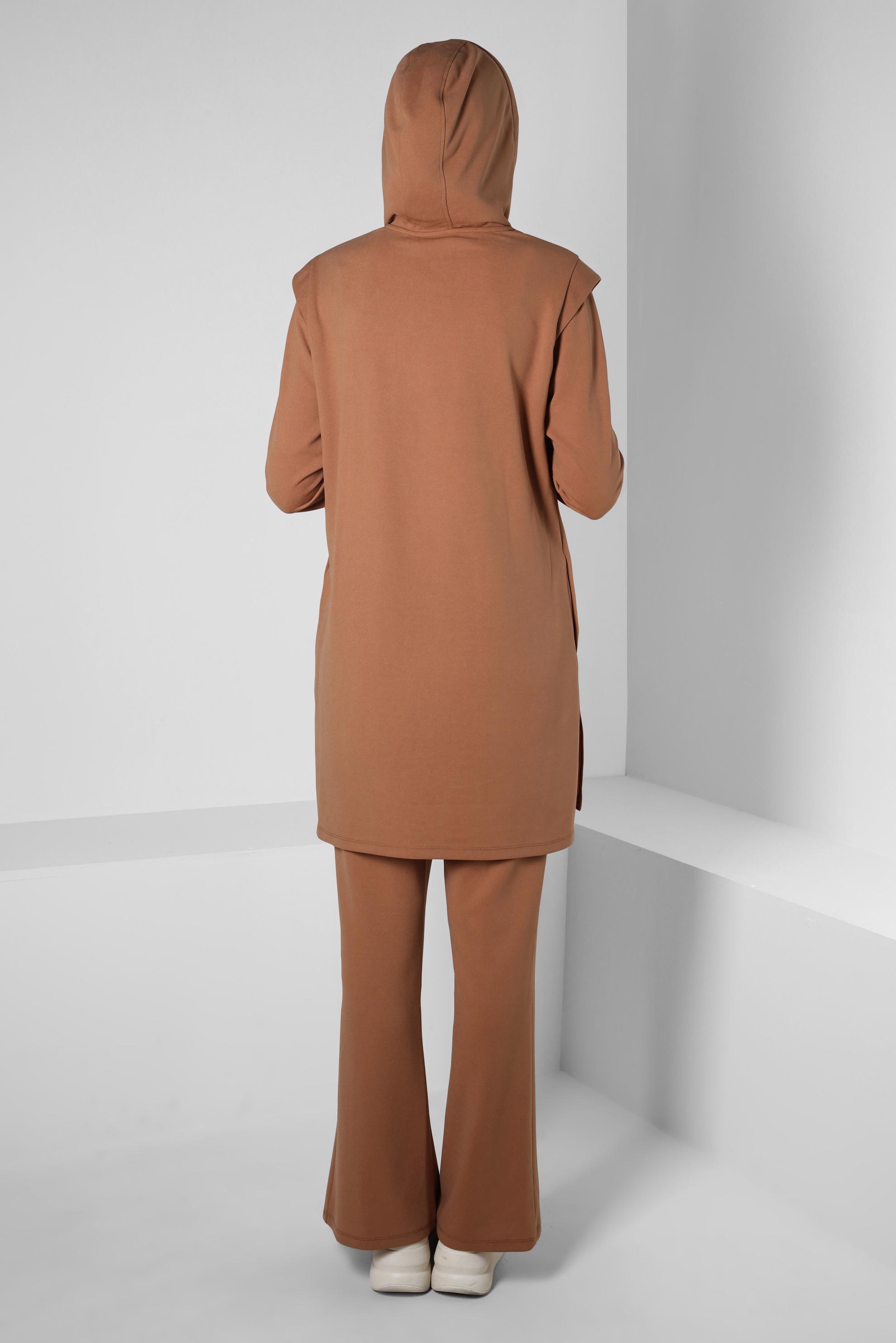 Tesettür giyim KAHVE KAPÜŞONLU PANTOLONLU TAKIM 44191