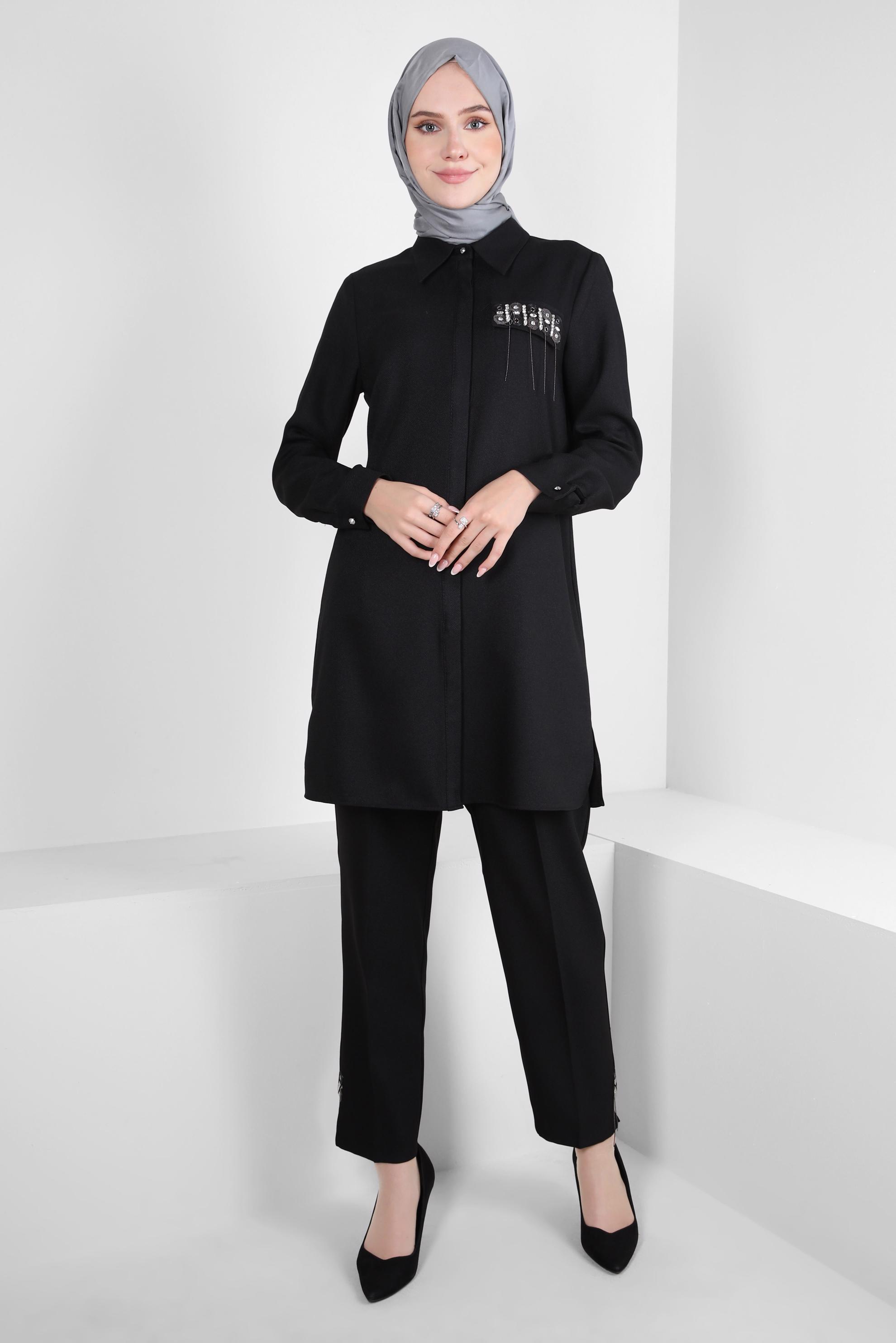 Tesettür giyim SİYAH TAŞ DETAYLI PANTOLONLU TAKIM 44194