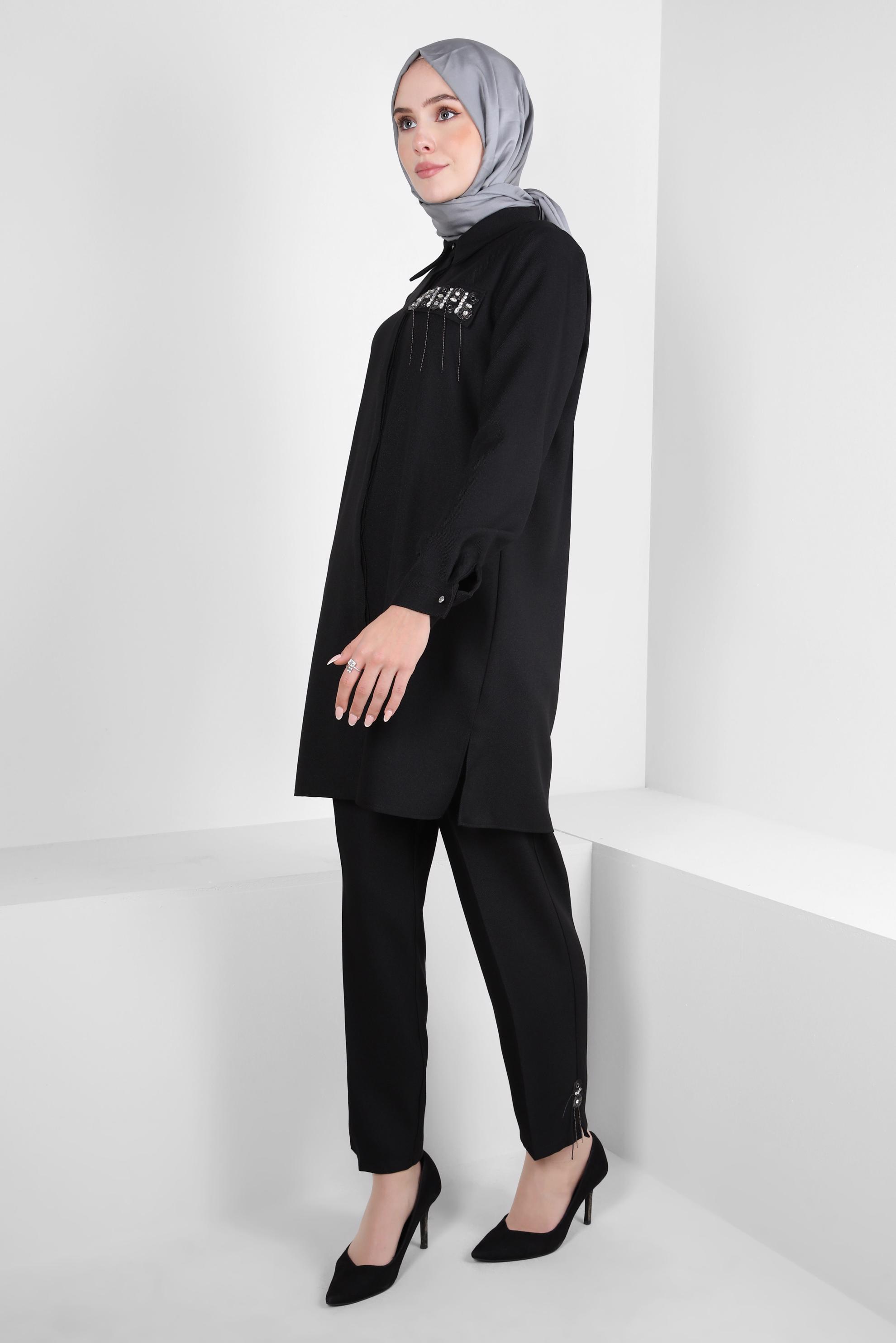 Tesettür giyim SİYAH TAŞ DETAYLI PANTOLONLU TAKIM 44194