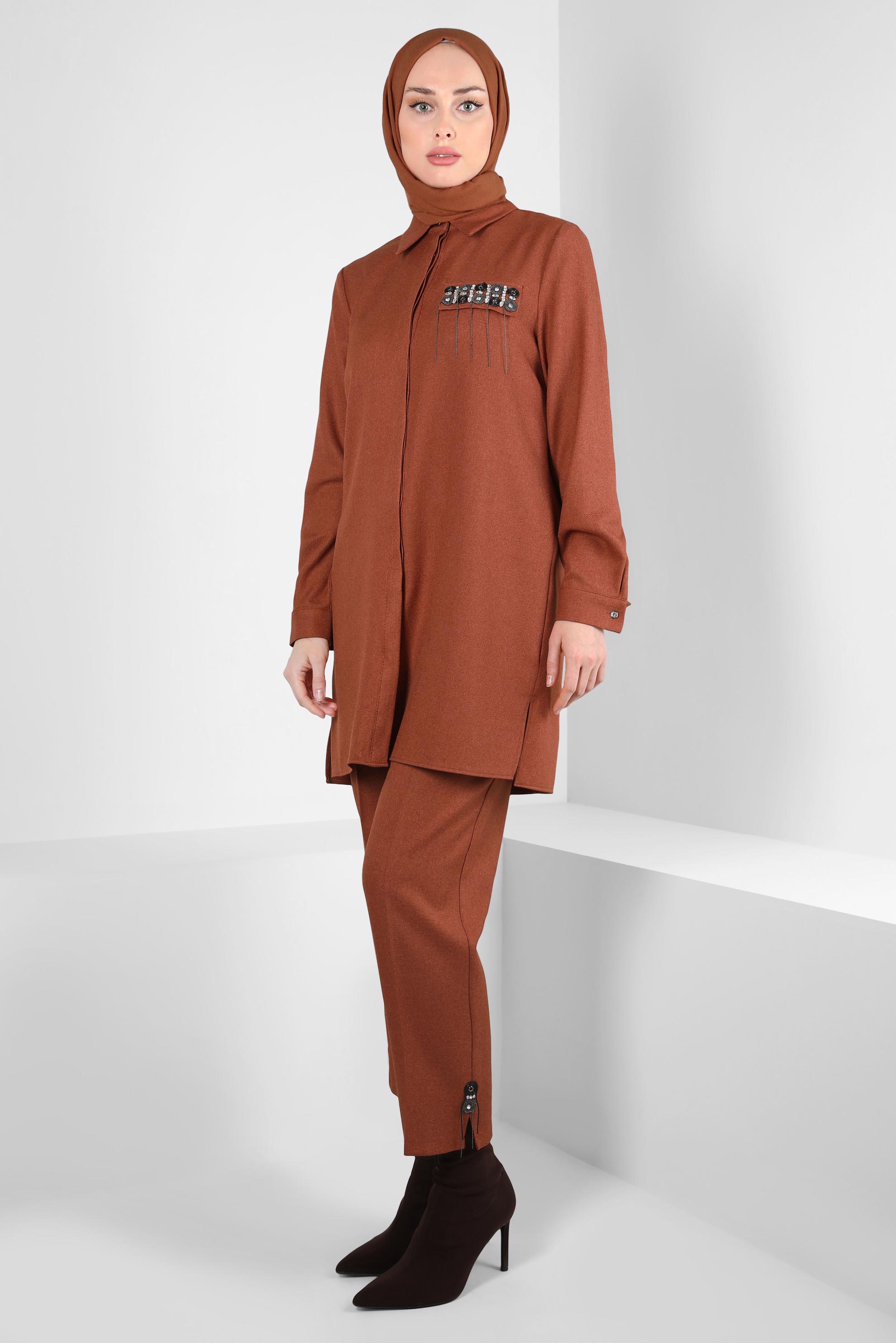 Tesettür giyim TURUNCU TAŞ DETAYLI PANTOLONLU TAKIM 44194