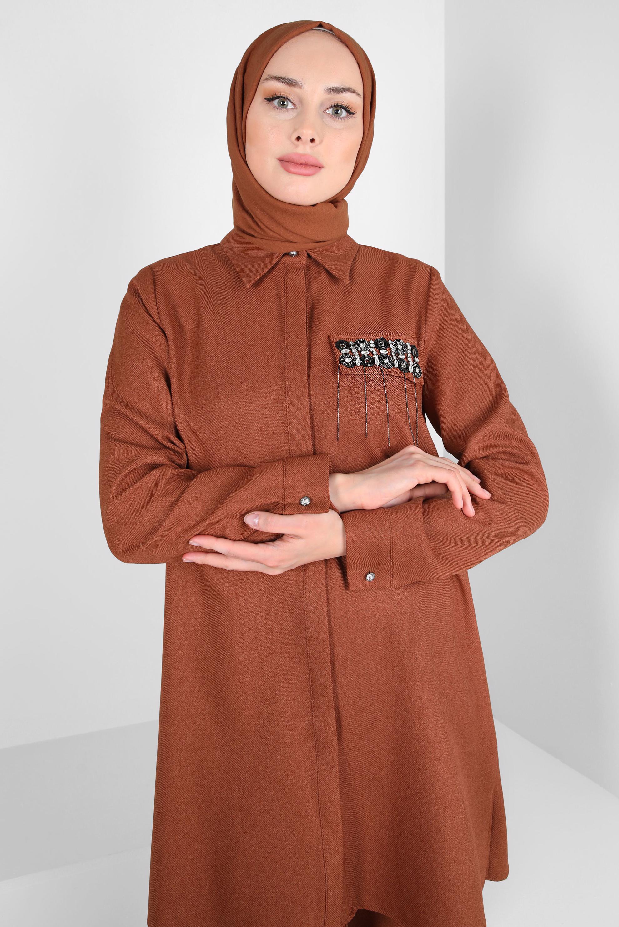 Tesettür giyim TURUNCU TAŞ DETAYLI PANTOLONLU TAKIM 44194