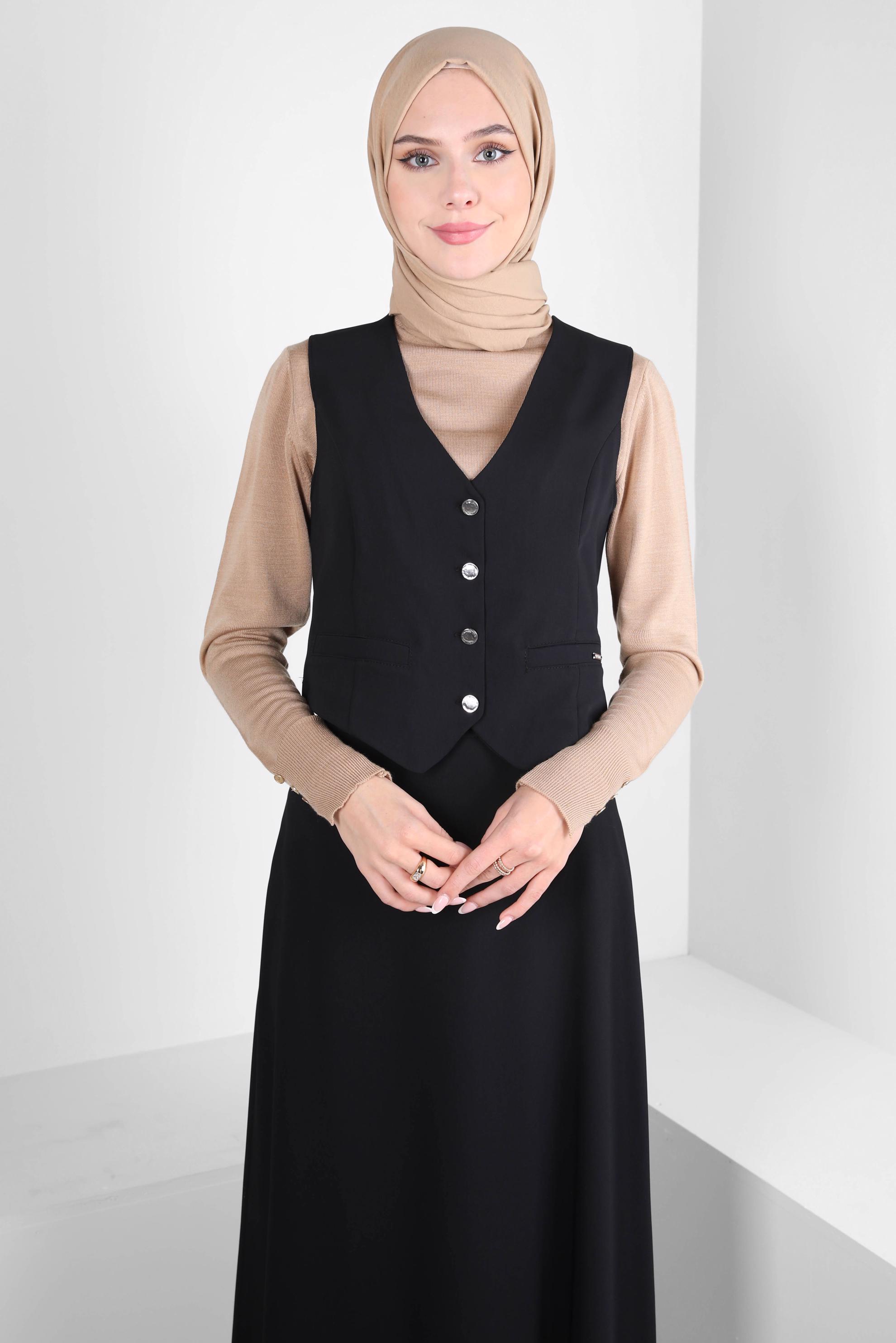 Tesettür giyim SİYAH YELEKLİ ETEKLİ TAKIM 44198