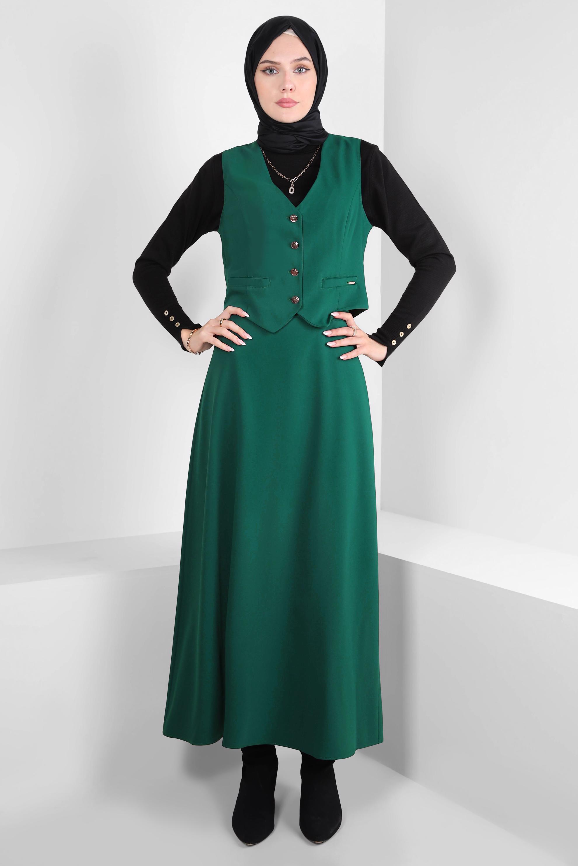 Tesettür giyim YEŞİL YELEKLİ ETEKLİ TAKIM 44198