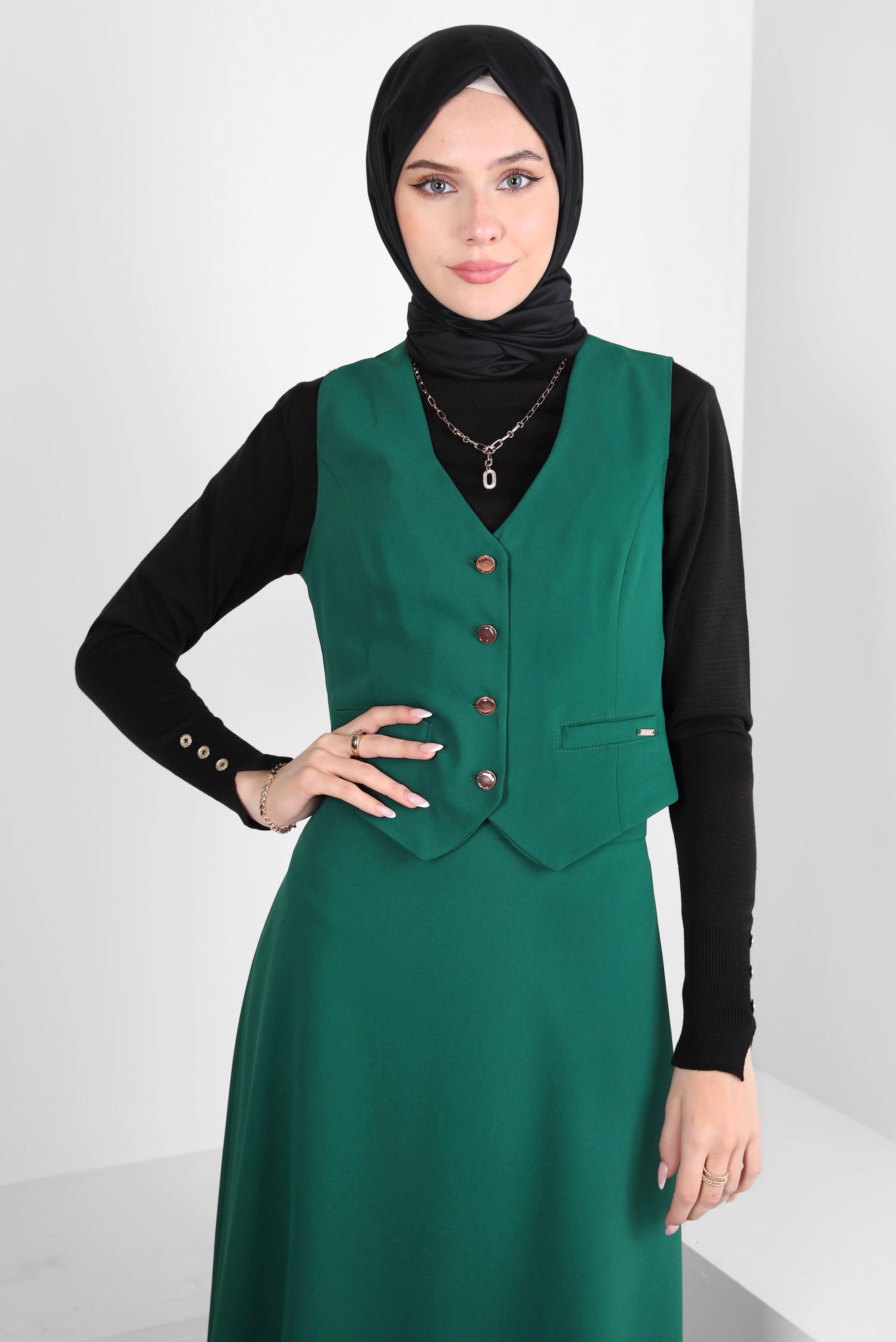 Tesettür giyim YEŞİL YELEKLİ ETEKLİ TAKIM 44198