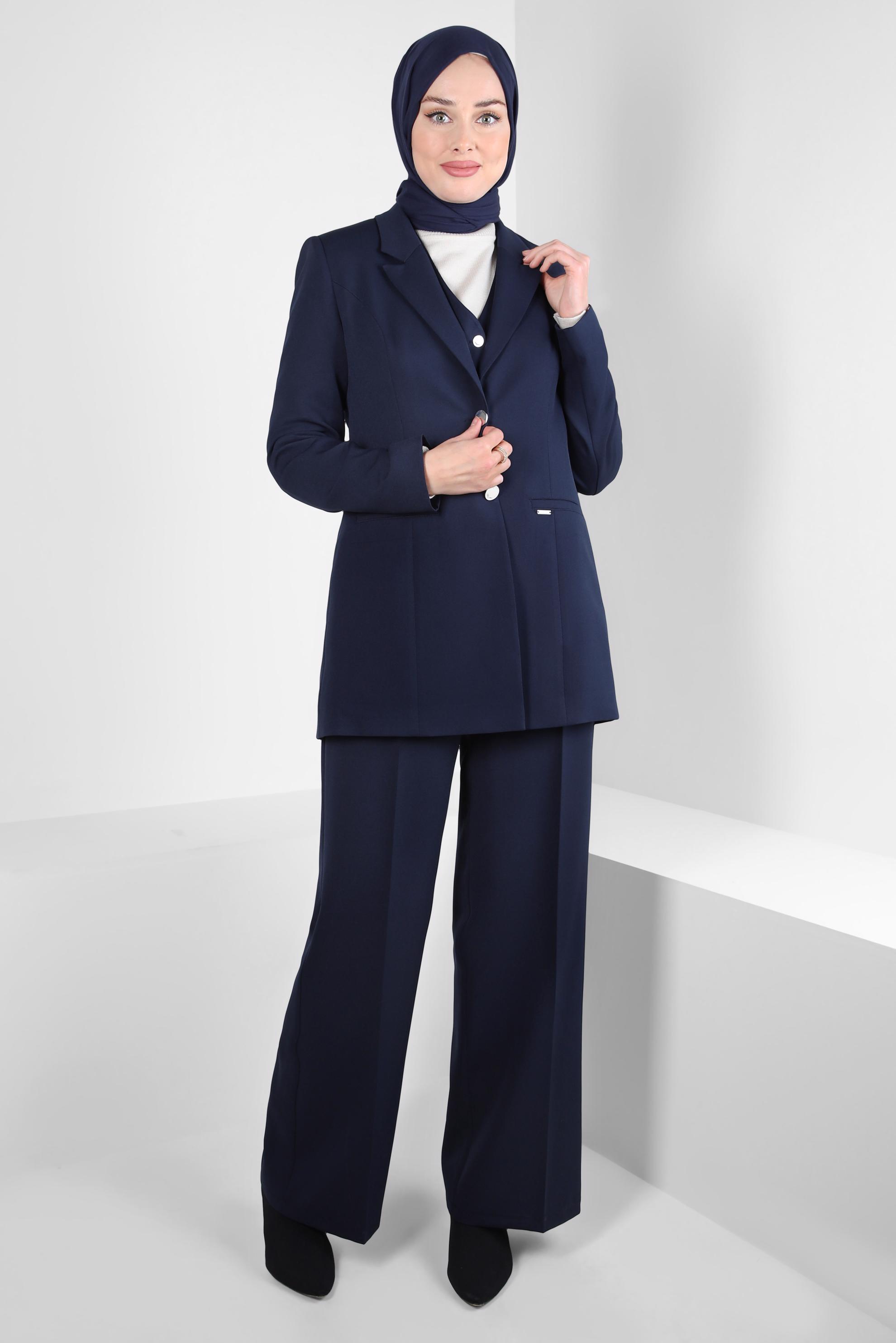 Tesettür giyim LACİVERT ÜÇLÜ PANTOLONLU TAKIM 44199