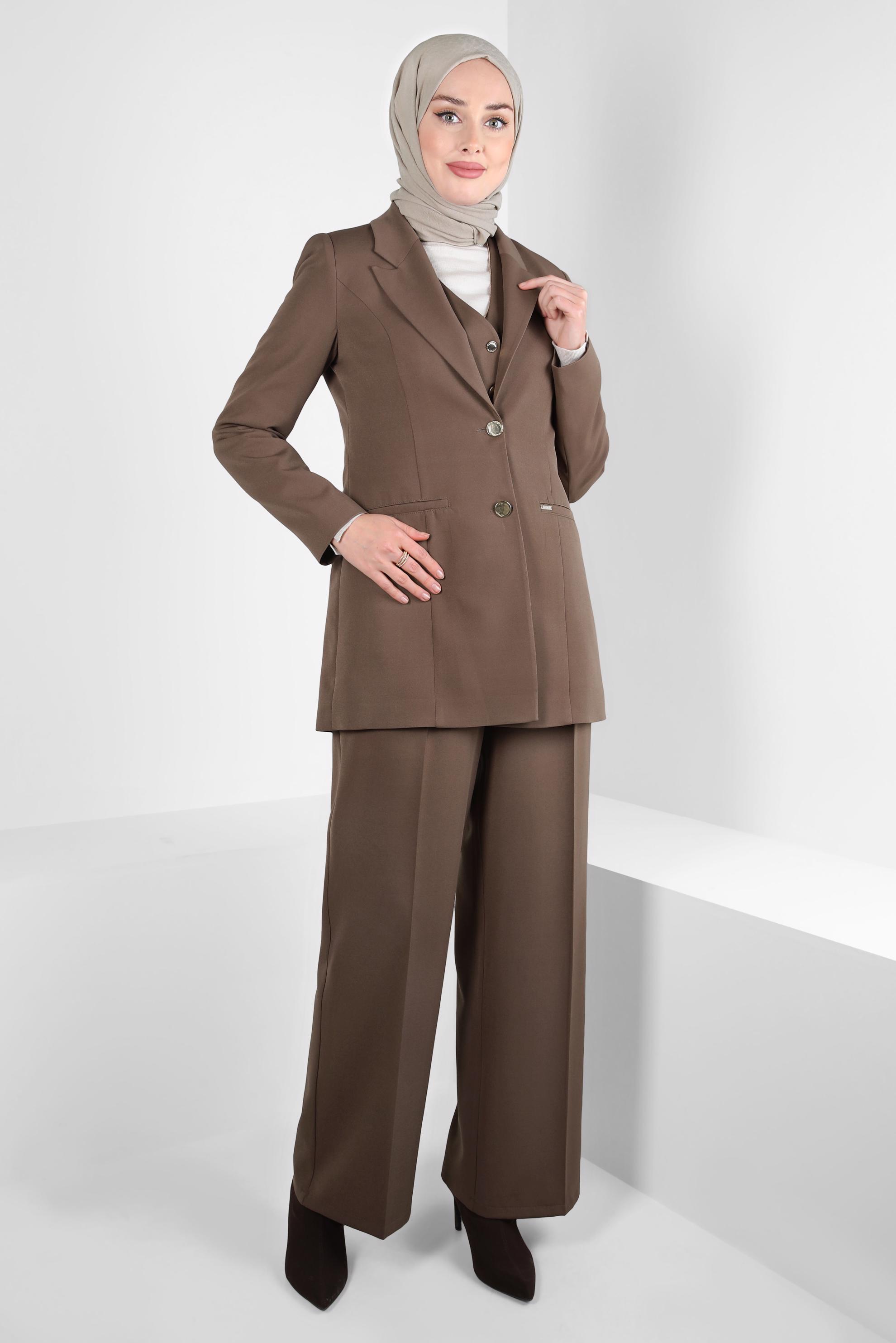 Tesettür giyim VİZON ÜÇLÜ PANTOLONLU TAKIM 44199