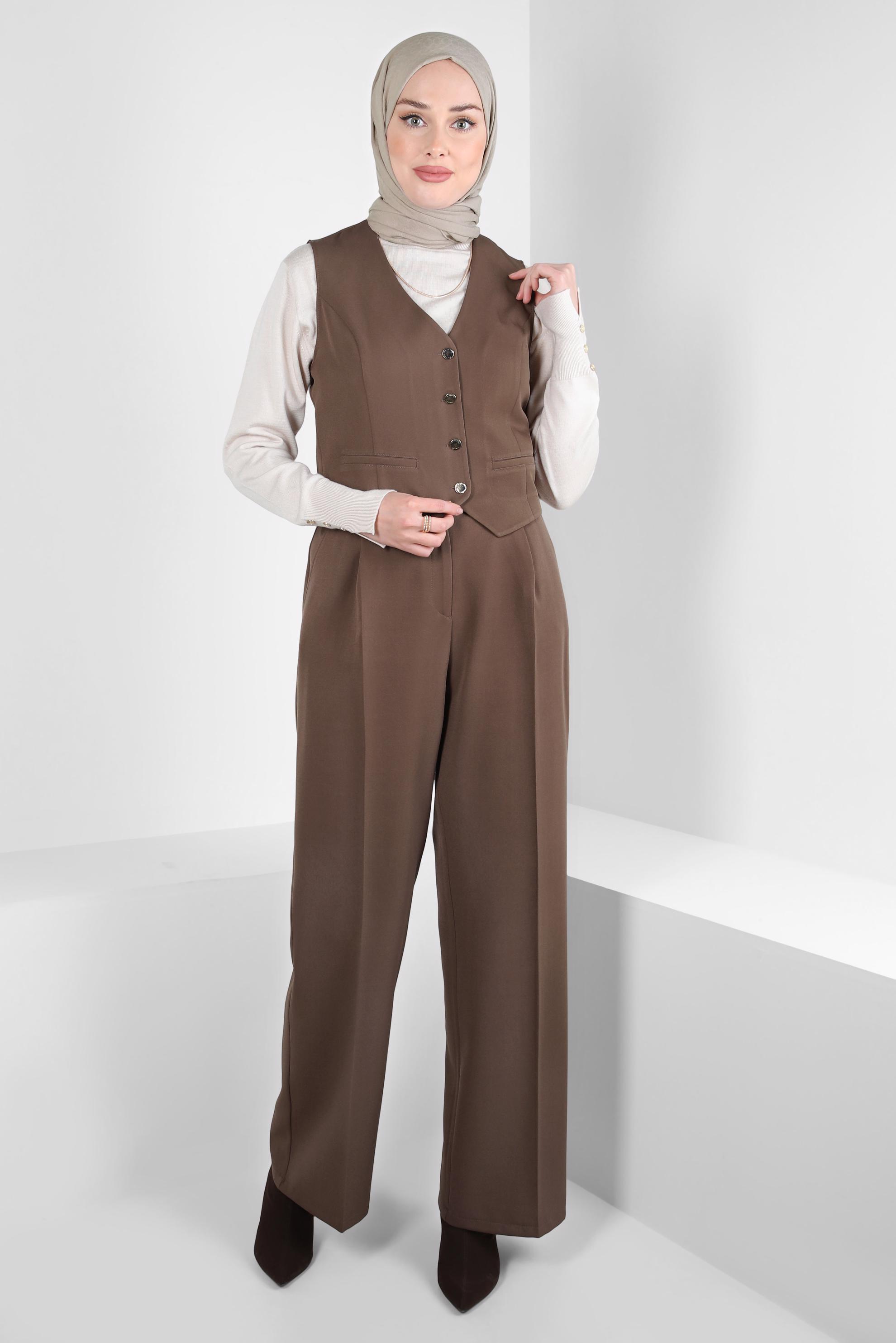 Tesettür giyim VİZON ÜÇLÜ PANTOLONLU TAKIM 44199
