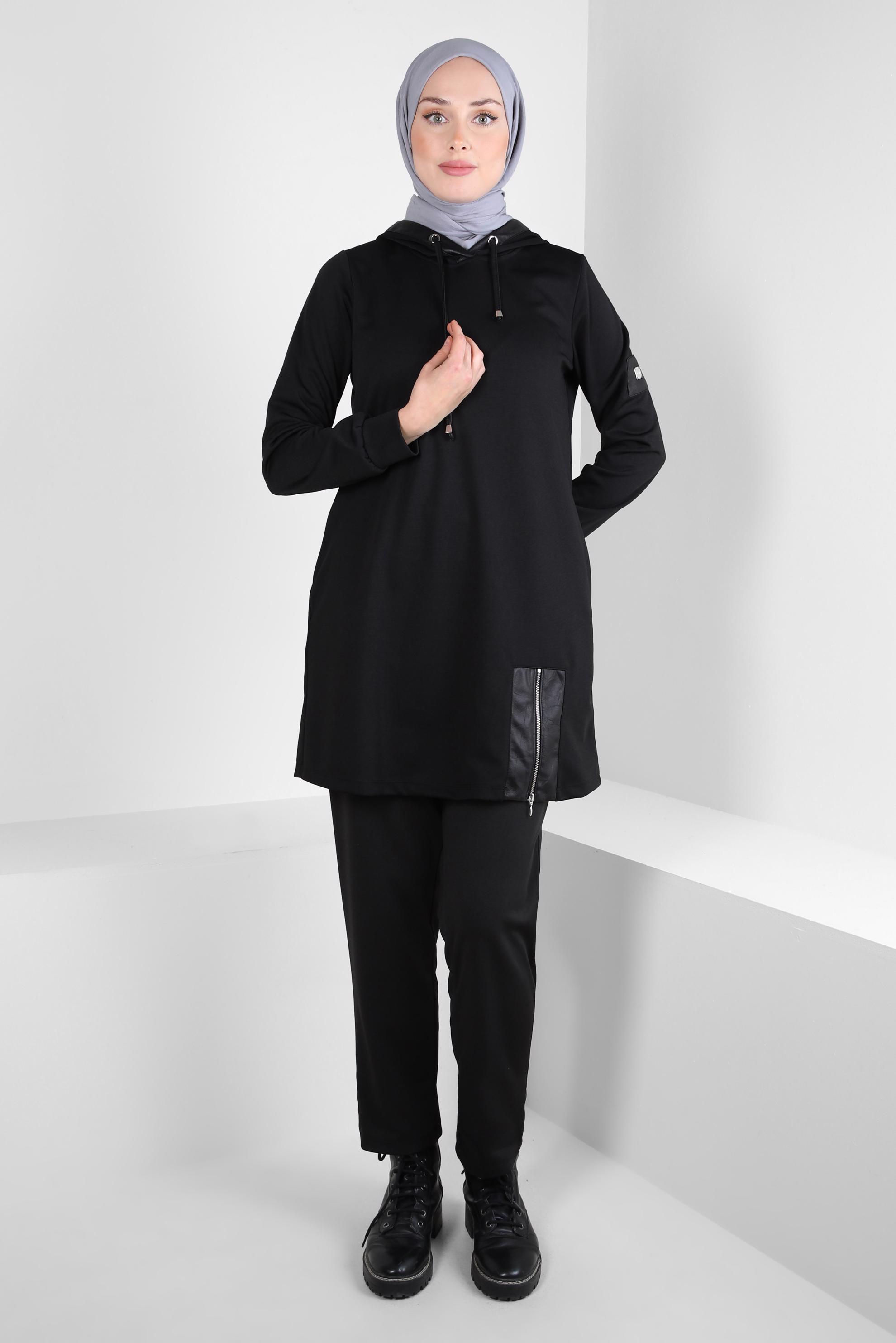 Tesettür giyim SİYAH KAPÜŞONLU PANTOLONLU TAKIM 44212