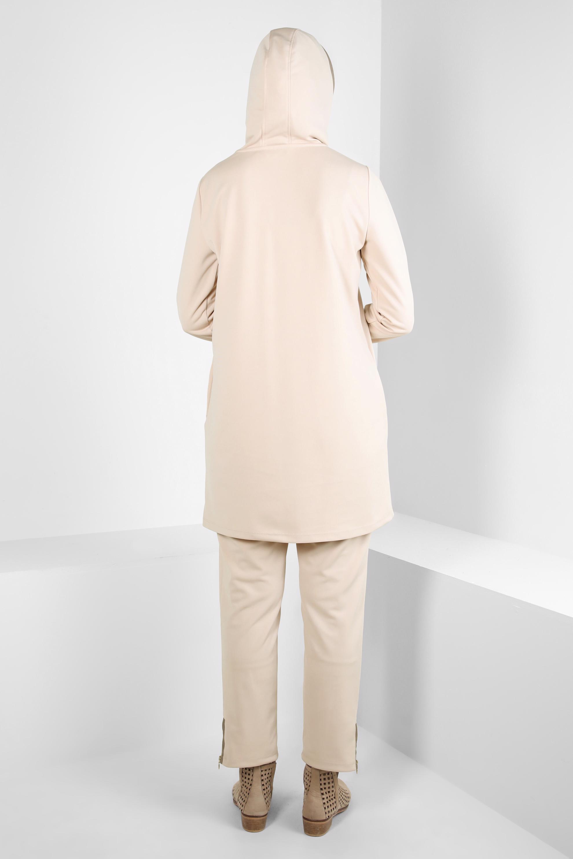 Tesettür giyim BEJ KAPÜŞONLU PANTOLONLU TAKIM 44212