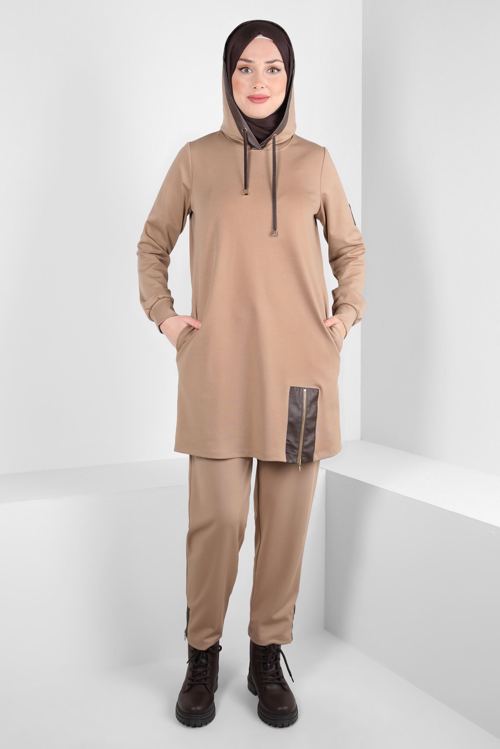 Hijab clothing BEIGE HOODED PANTS SUIT 44212