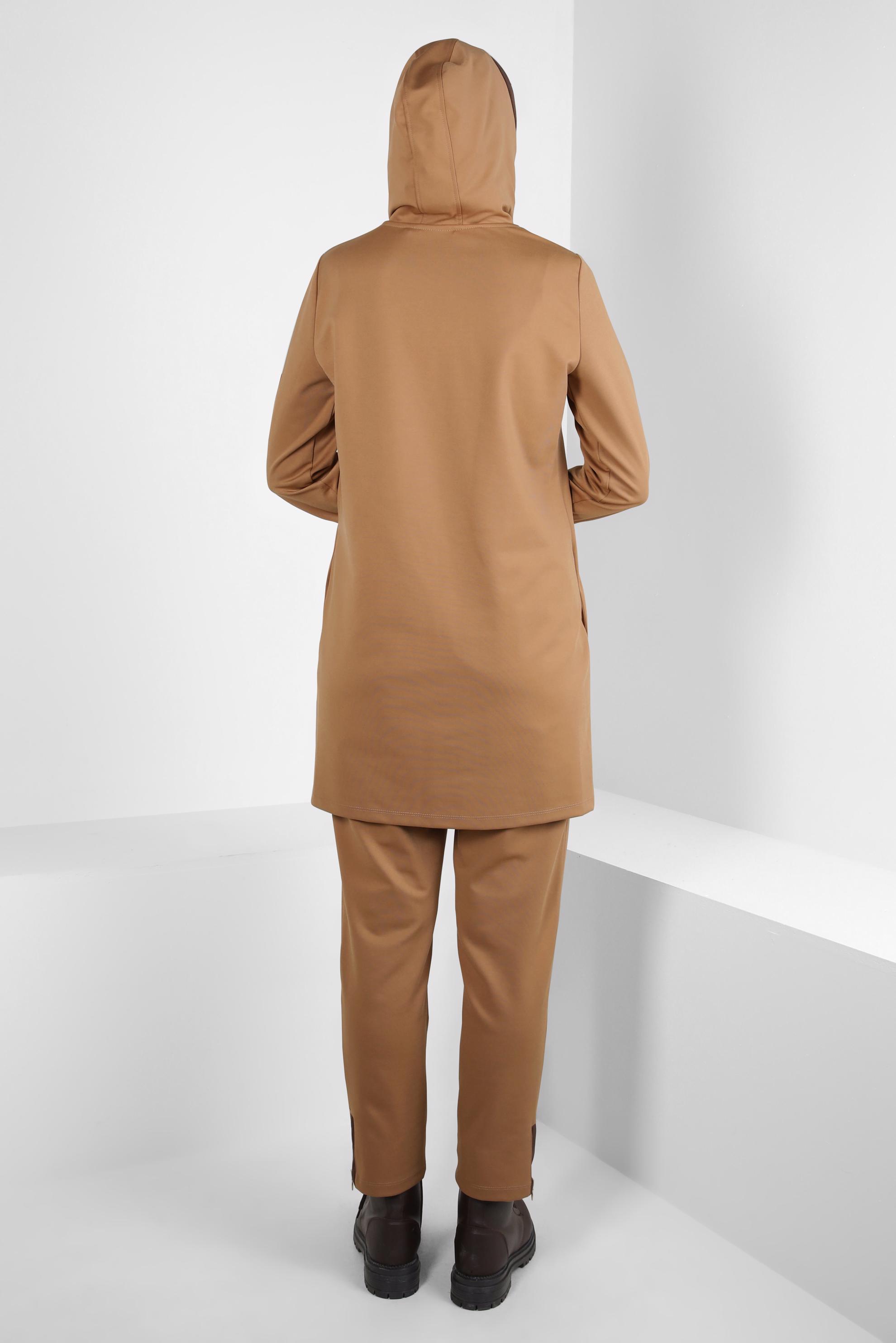 Tesettür giyim TABA KAPÜŞONLU PANTOLONLU TAKIM 44212