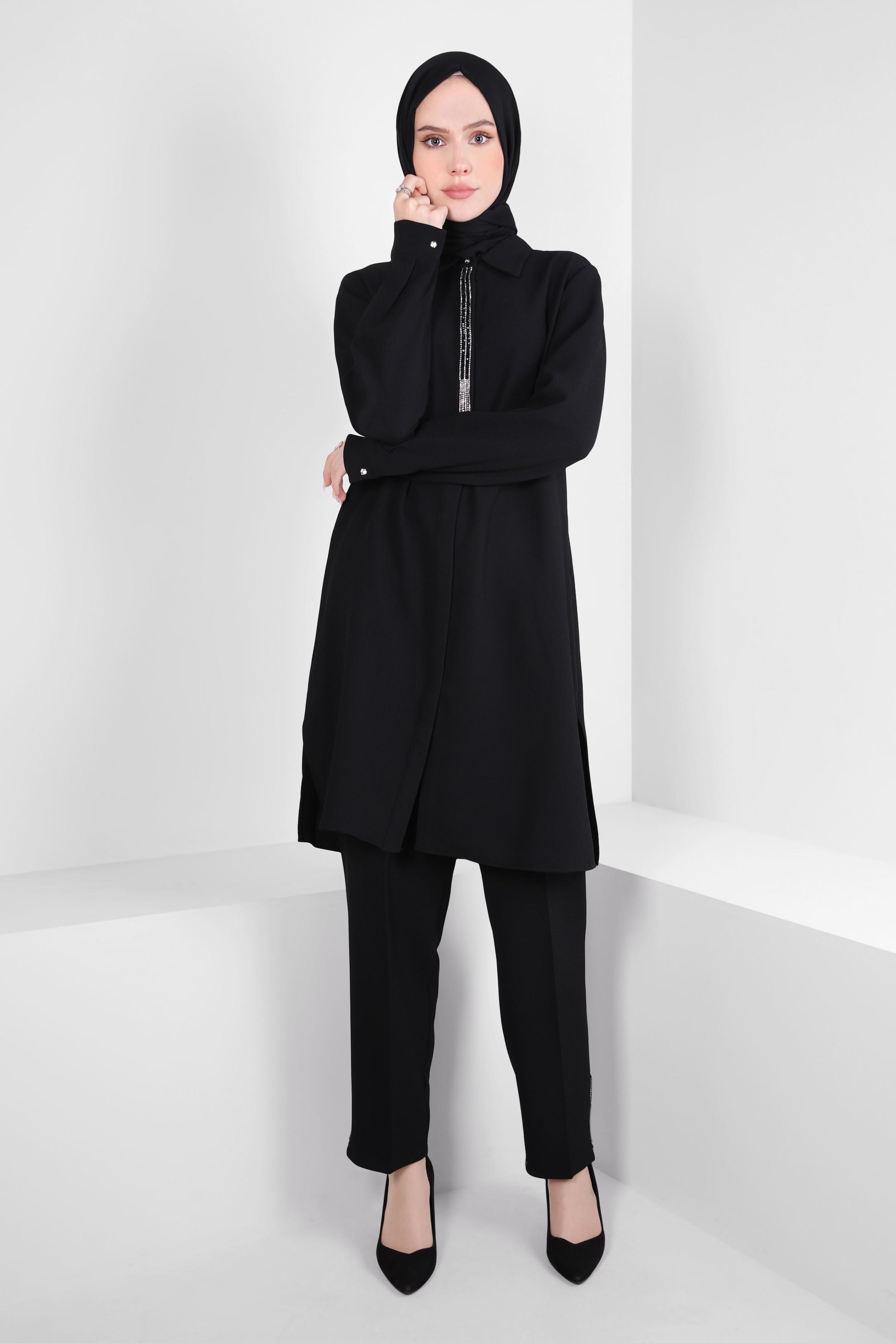 Tesettür giyim SİYAH TAŞ DETAYLI PANTOLONLU TAKIM 44215
