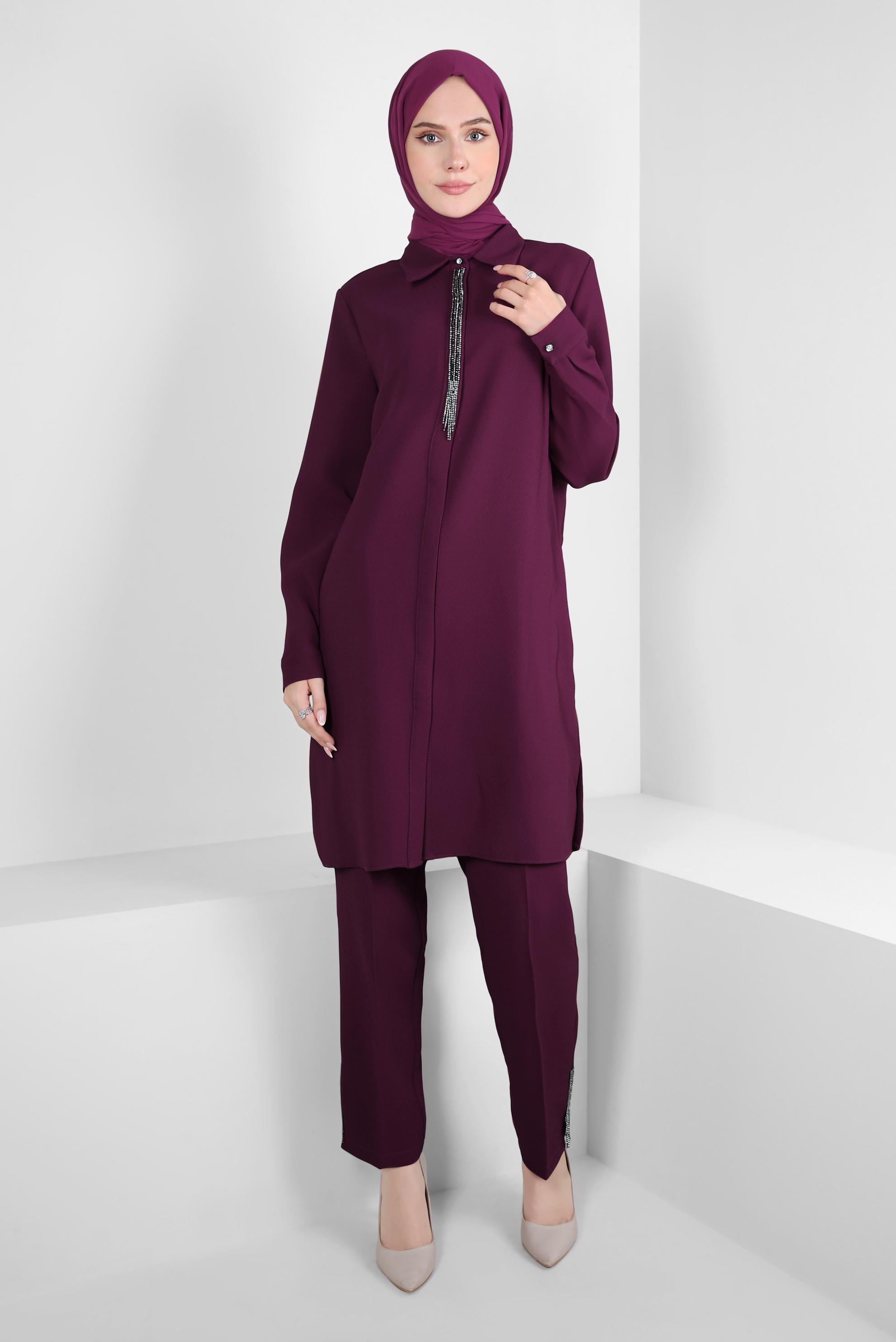 Tesettür giyim FUŞYA TAŞ DETAYLI PANTOLONLU TAKIM 44215