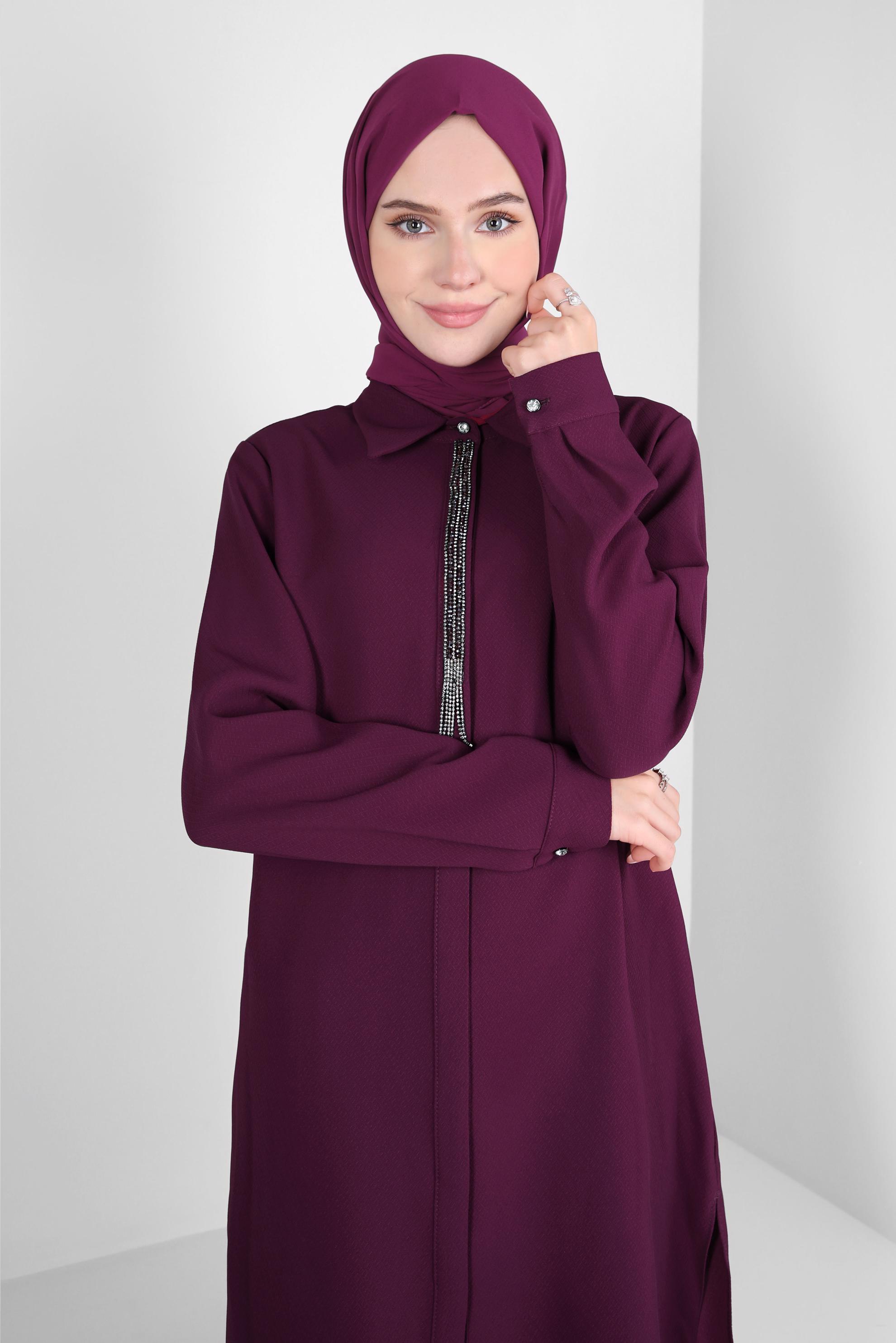 Tesettür giyim FUŞYA TAŞ DETAYLI PANTOLONLU TAKIM 44215