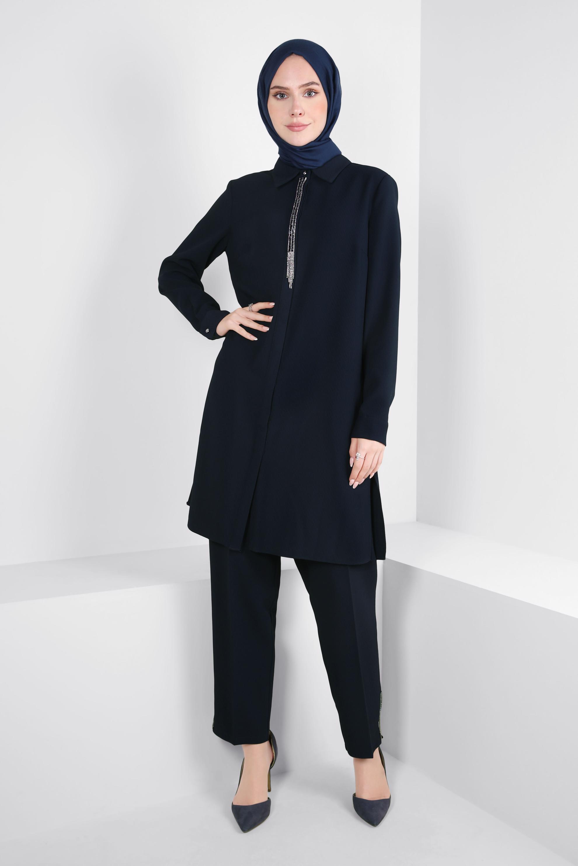 Tesettür giyim LACİVERT TAŞ DETAYLI PANTOLONLU TAKIM 44215