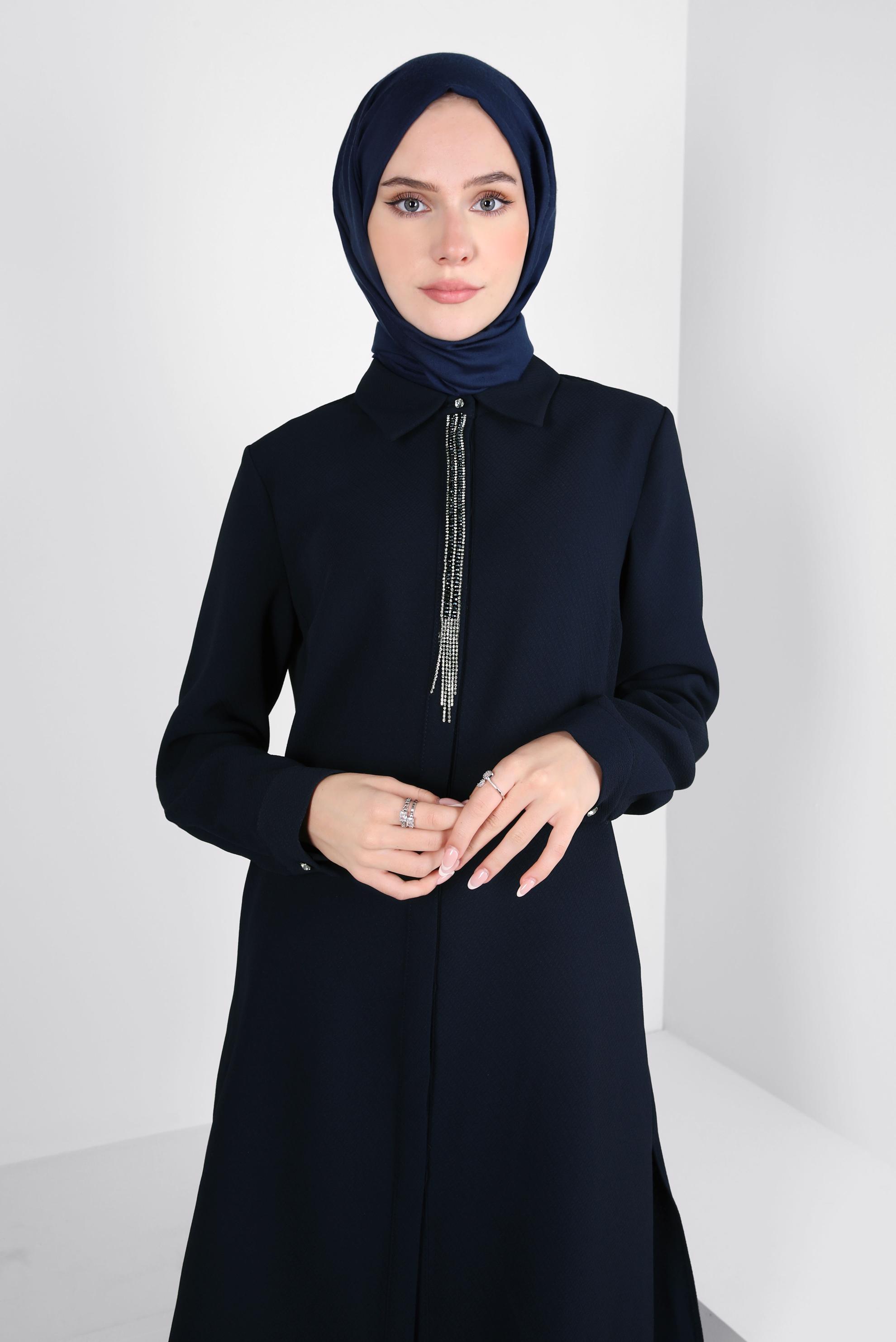 Tesettür giyim LACİVERT TAŞ DETAYLI PANTOLONLU TAKIM 44215
