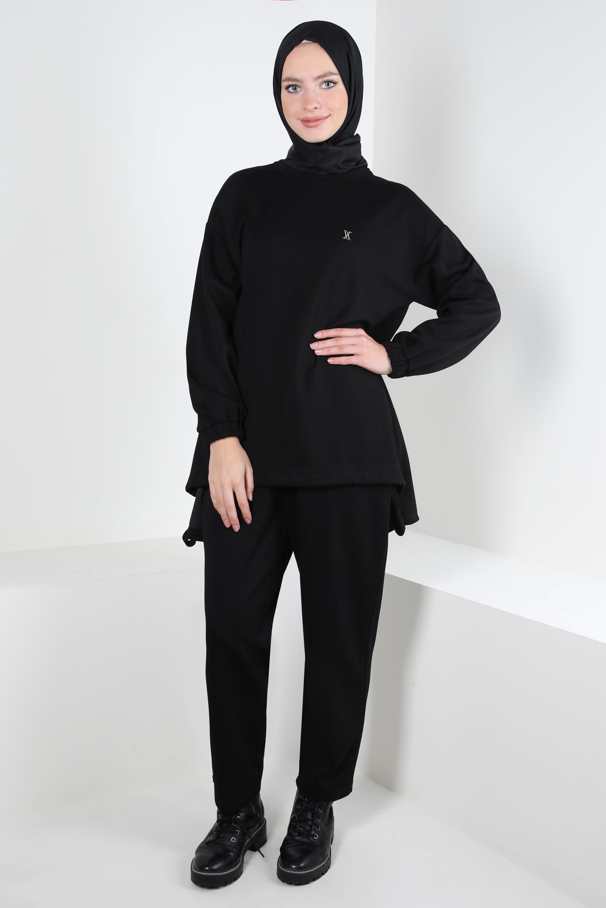 Tesettür giyim SİYAH BELİ LASTİKLİ PANTOLONLU TAKIM 44225