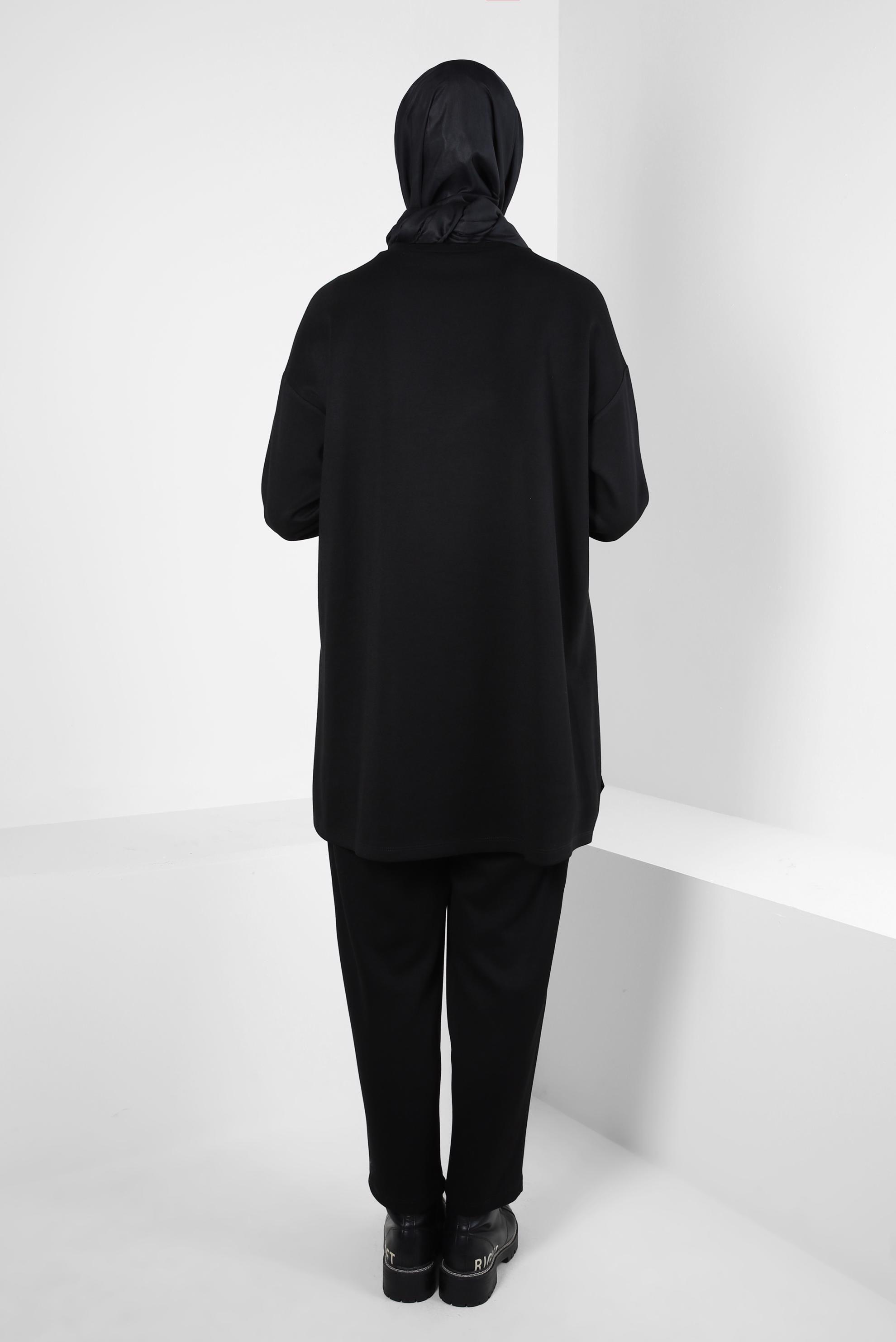 Tesettür giyim SİYAH BELİ LASTİKLİ PANTOLONLU TAKIM 44225