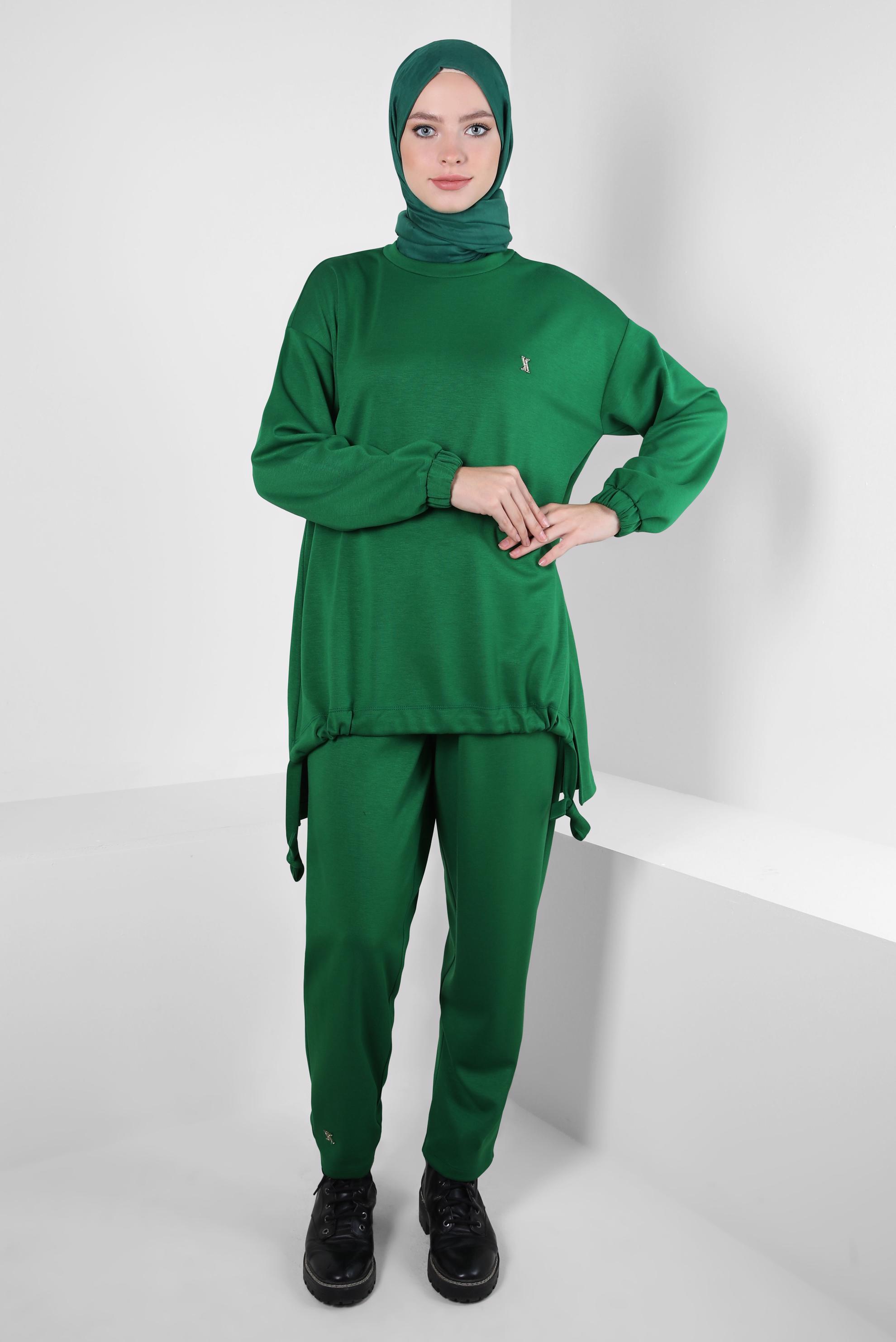 Tesettür giyim YEŞİL BELİ LASTİKLİ PANTOLONLU TAKIM 44225