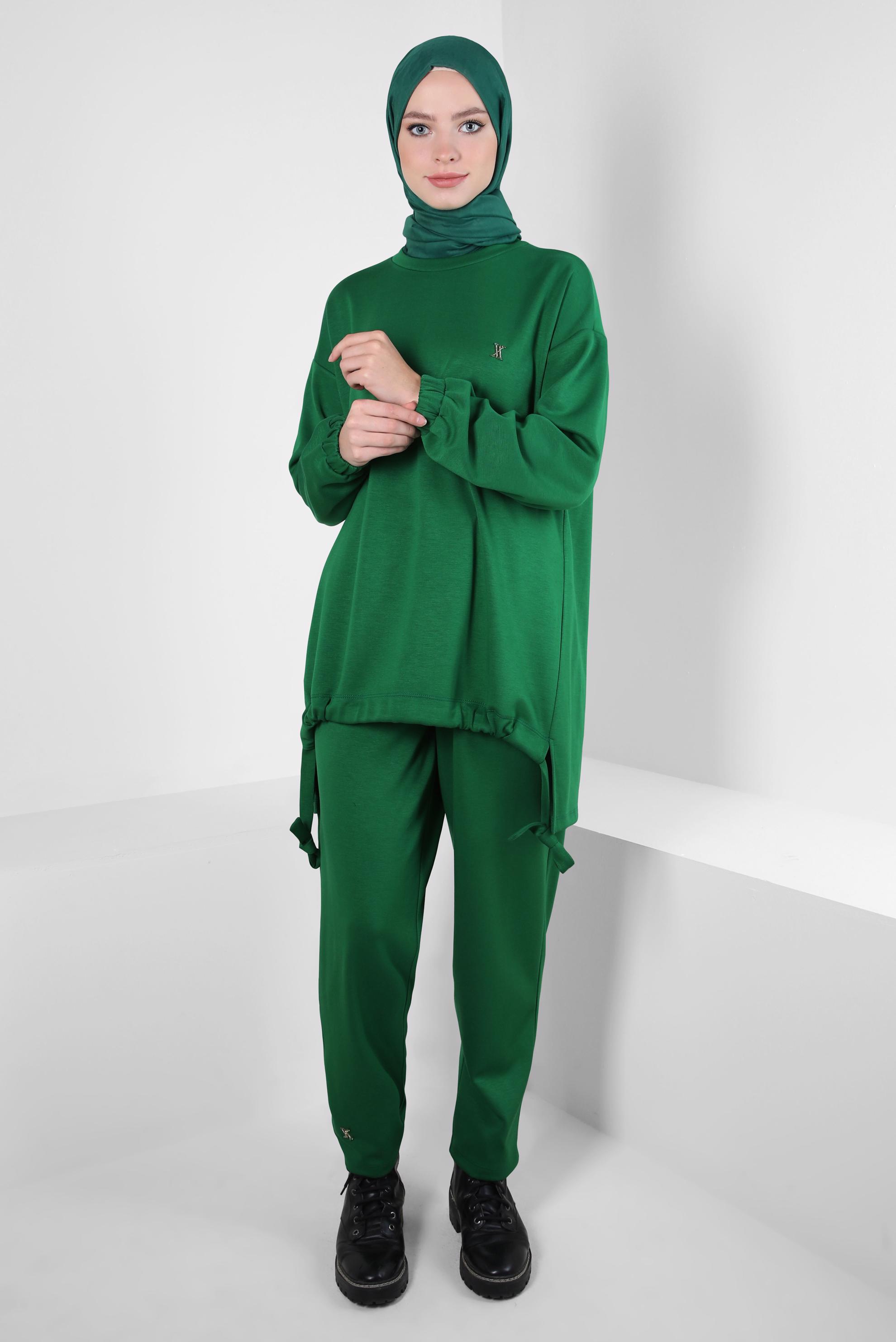 Tesettür giyim YEŞİL BELİ LASTİKLİ PANTOLONLU TAKIM 44225