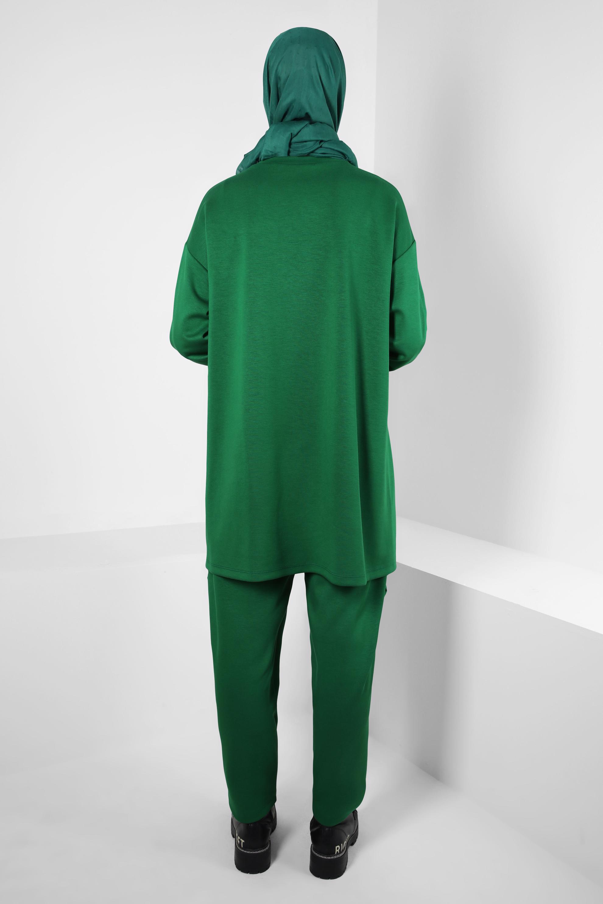 Tesettür giyim YEŞİL BELİ LASTİKLİ PANTOLONLU TAKIM 44225