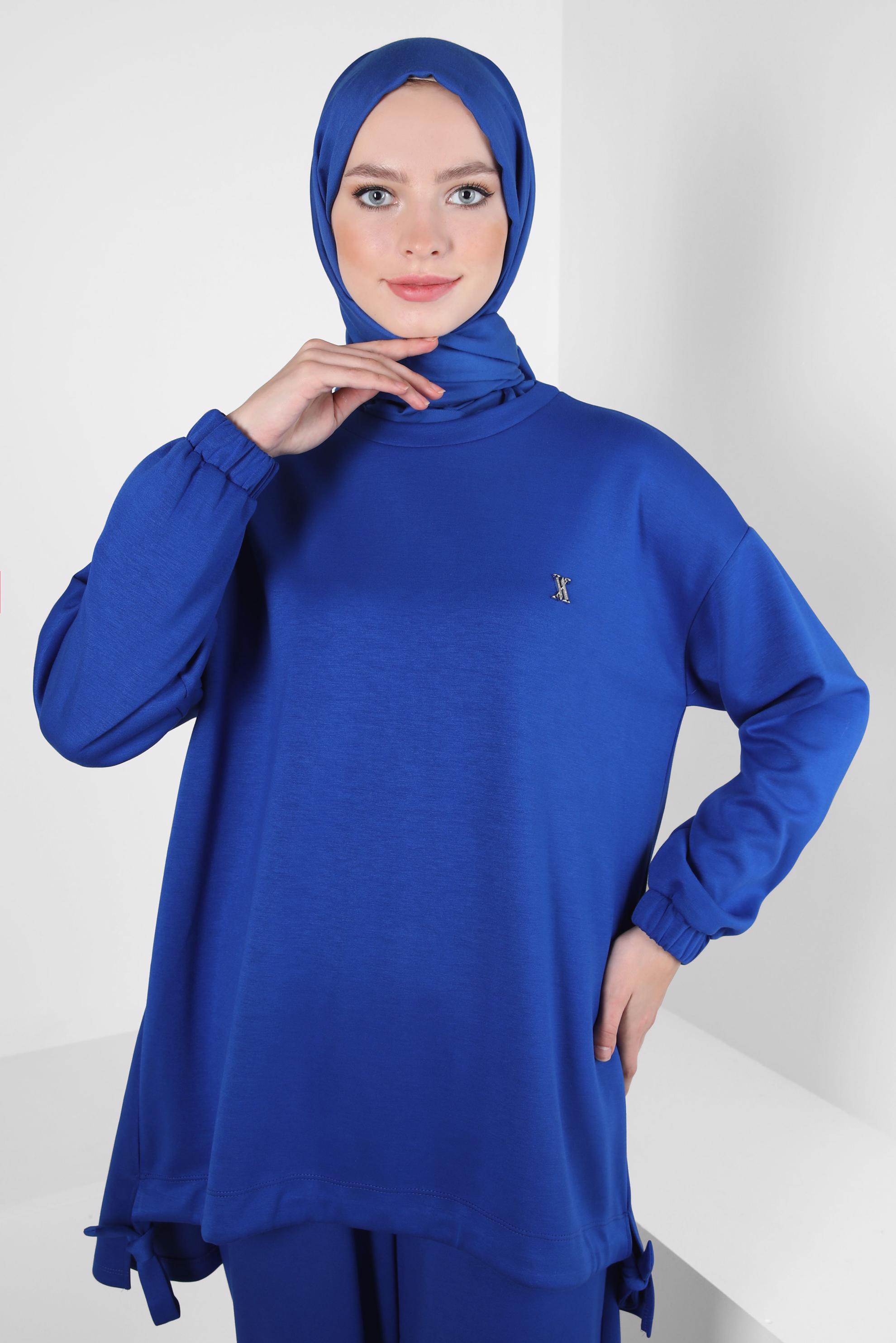 Tesettür giyim LACİVERT BELİ LASTİKLİ PANTOLONLU TAKIM 44225