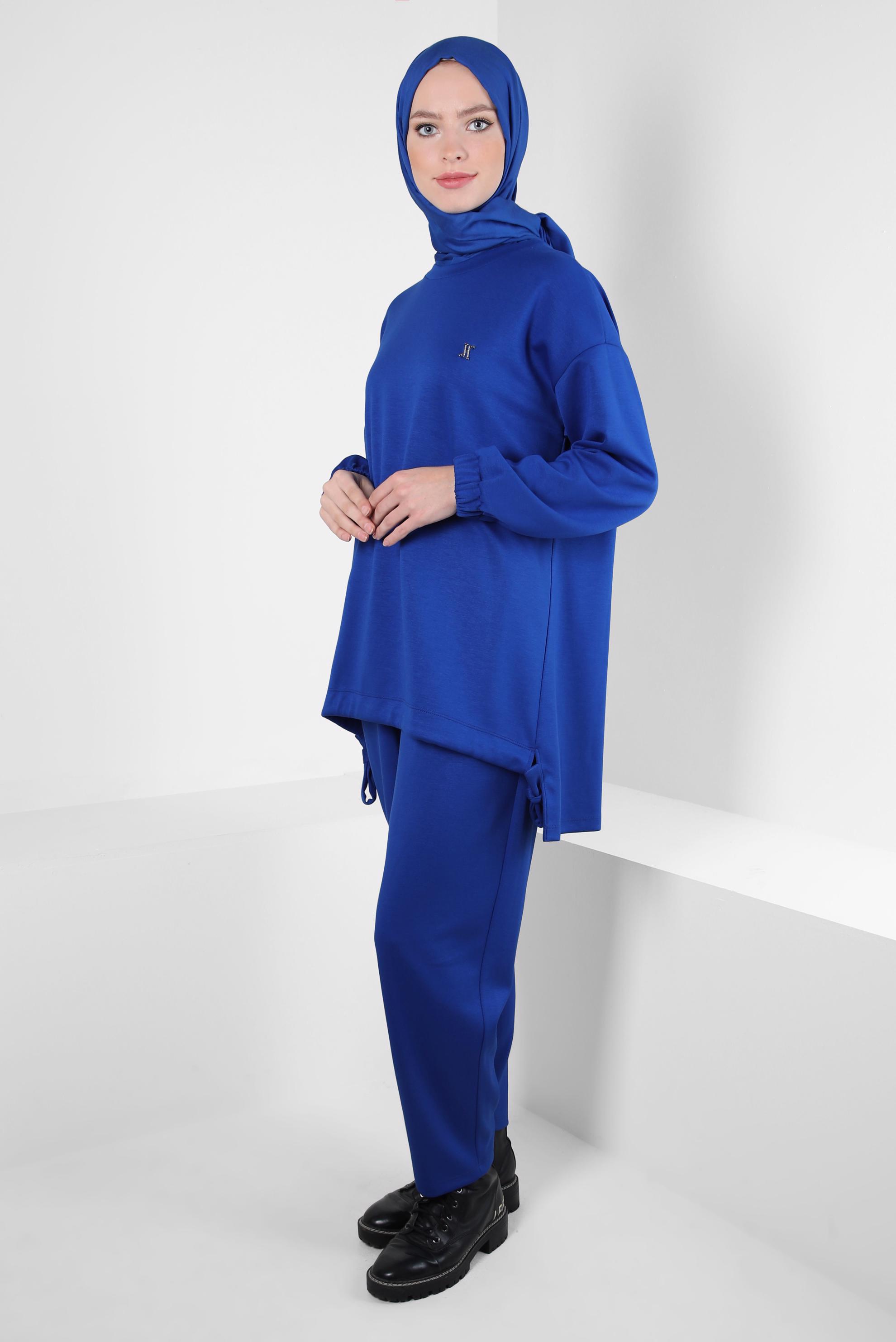 Tesettür giyim LACİVERT BELİ LASTİKLİ PANTOLONLU TAKIM 44225