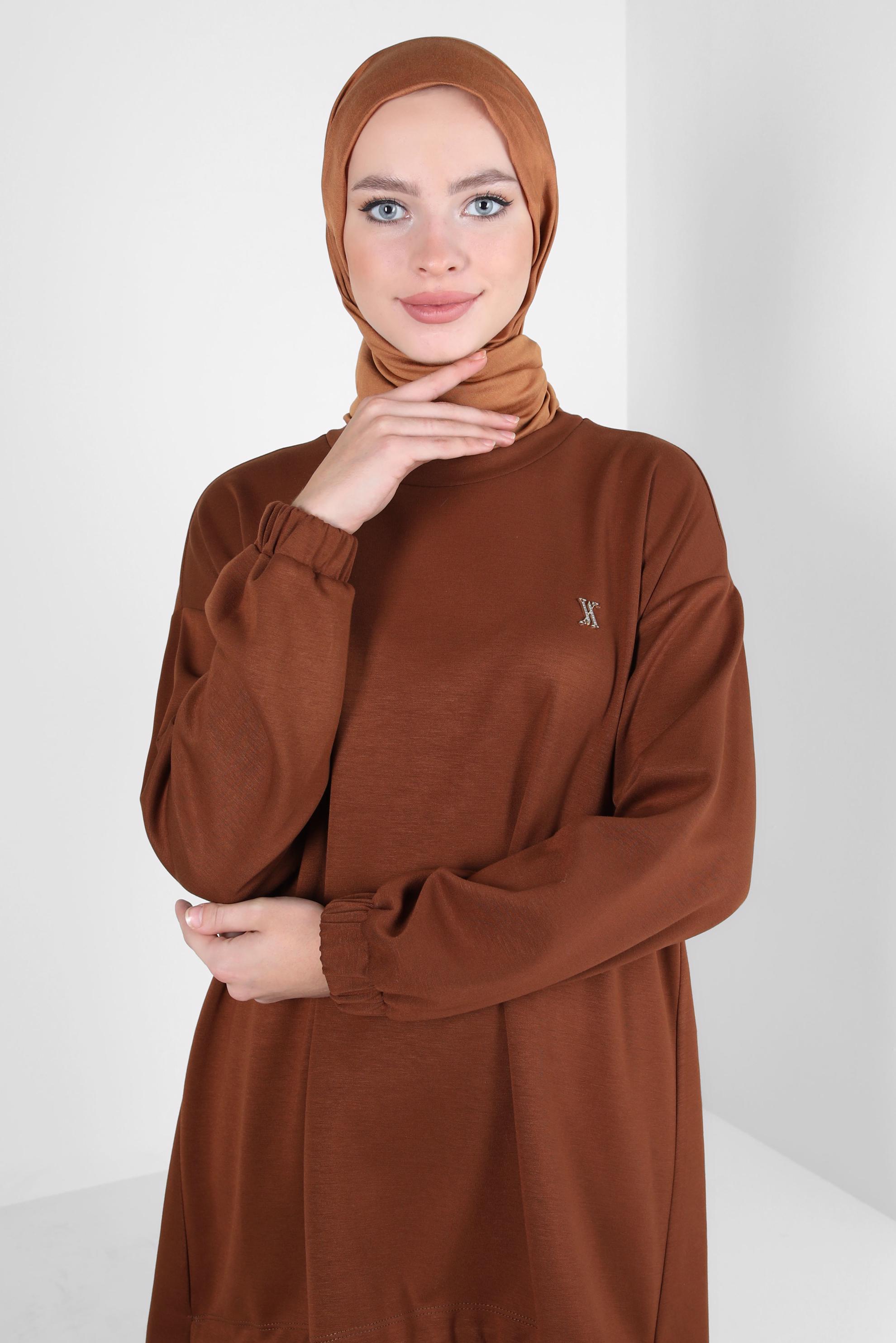 Tesettür giyim KAHVE BELİ LASTİKLİ PANTOLONLU TAKIM 44225