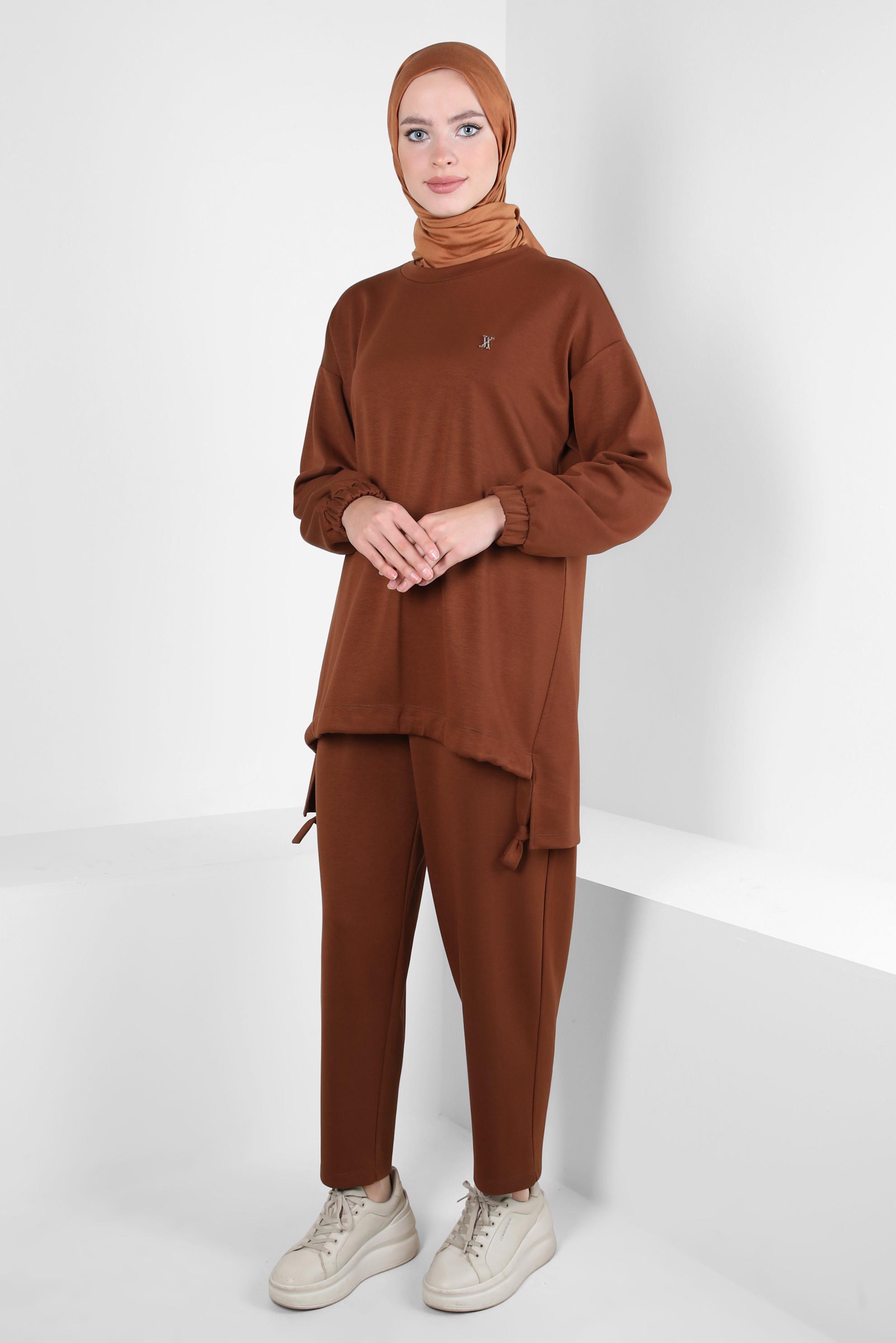 Tesettür giyim KAHVE BELİ LASTİKLİ PANTOLONLU TAKIM 44225