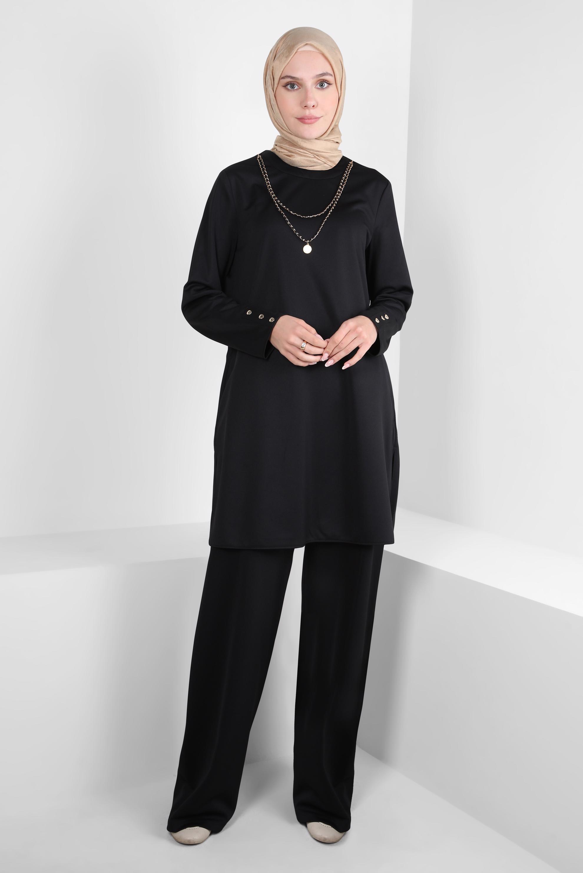 Tesettür giyim SİYAH ZİNCİR DETAYLI PANTOLONLU TAKIM 44226