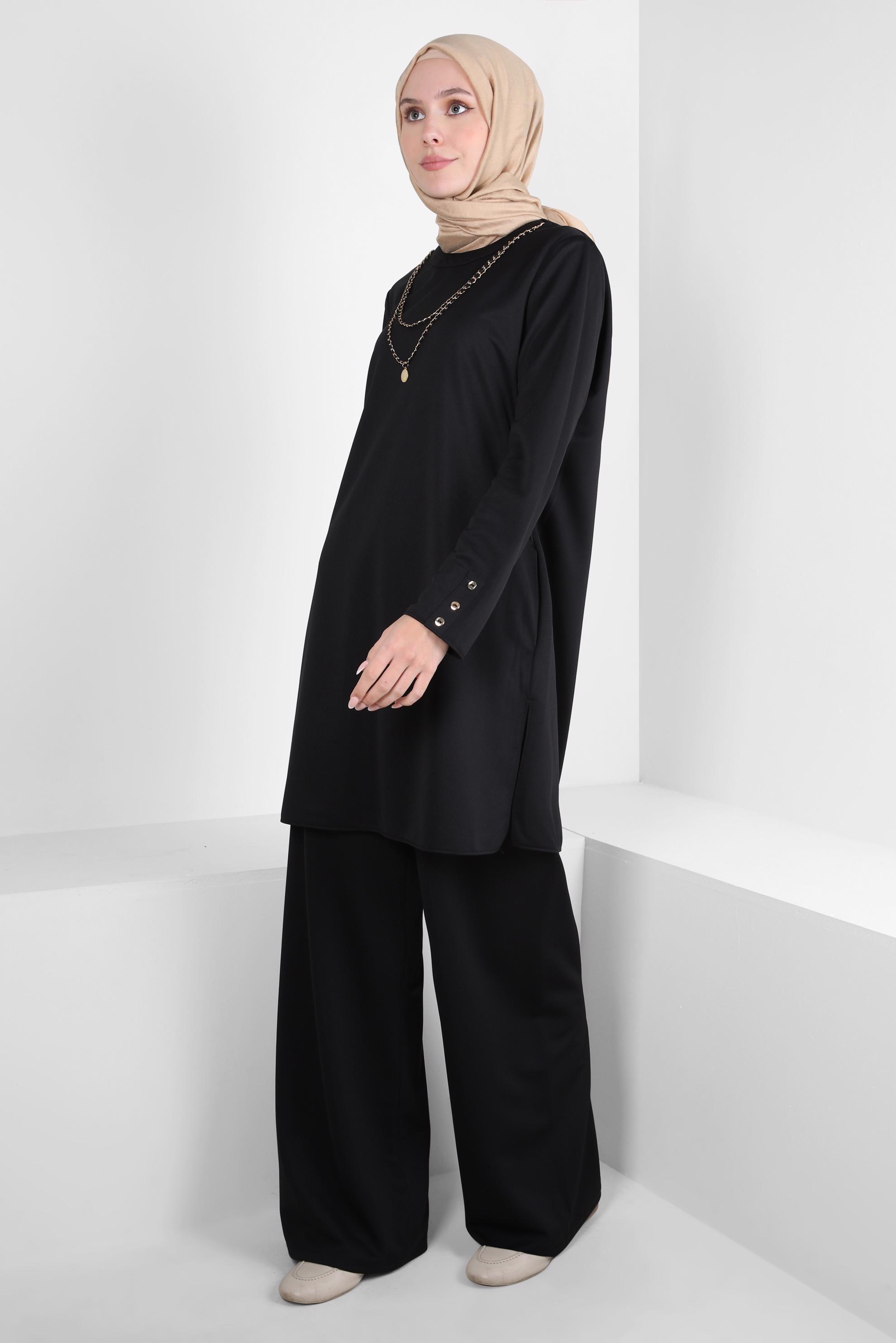Tesettür giyim SİYAH ZİNCİR DETAYLI PANTOLONLU TAKIM 44226