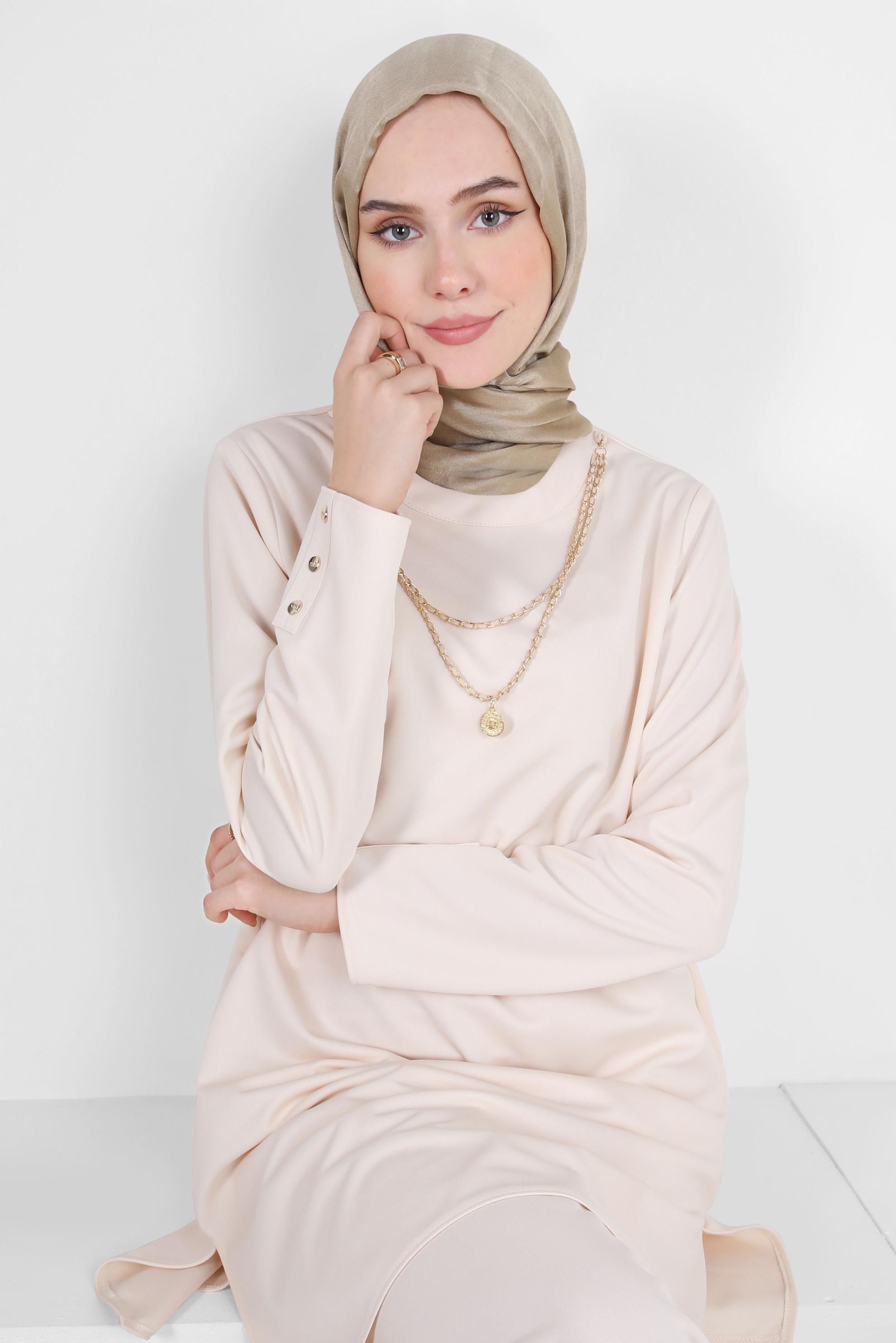 Tesettür giyim BEJ ZİNCİR DETAYLI PANTOLONLU TAKIM 44226