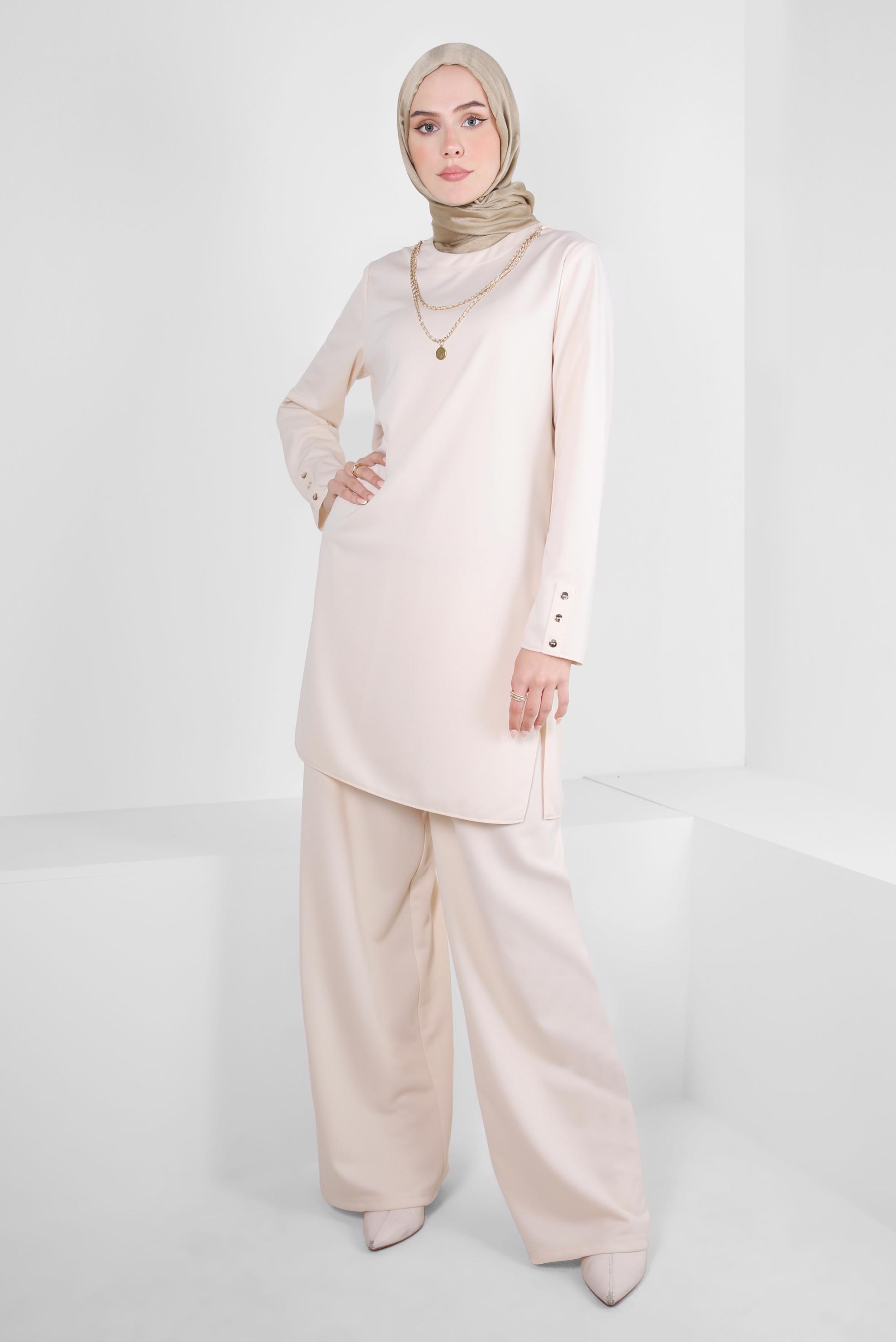 Tesettür giyim BEJ ZİNCİR DETAYLI PANTOLONLU TAKIM 44226