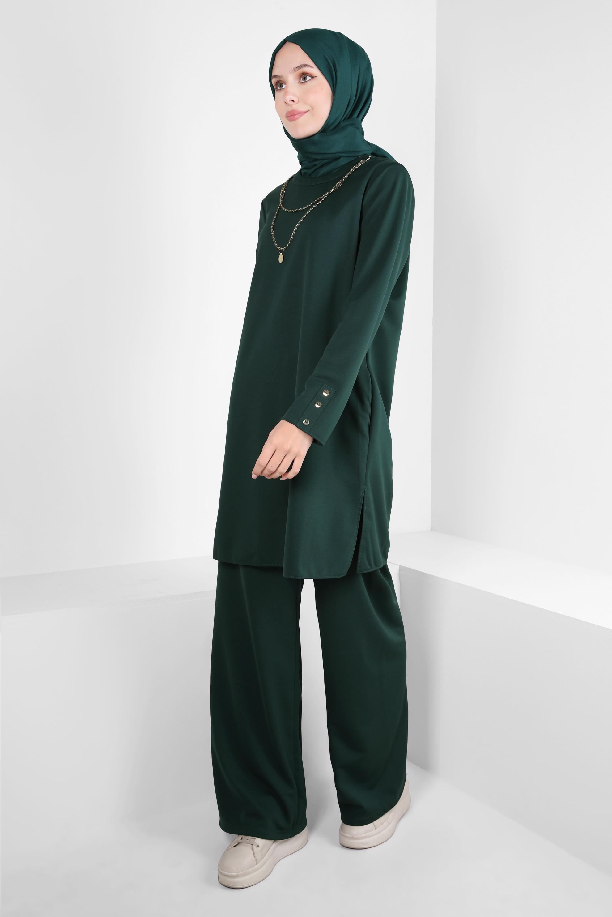 Tesettür giyim YEŞİL ZİNCİR DETAYLI PANTOLONLU TAKIM 44226