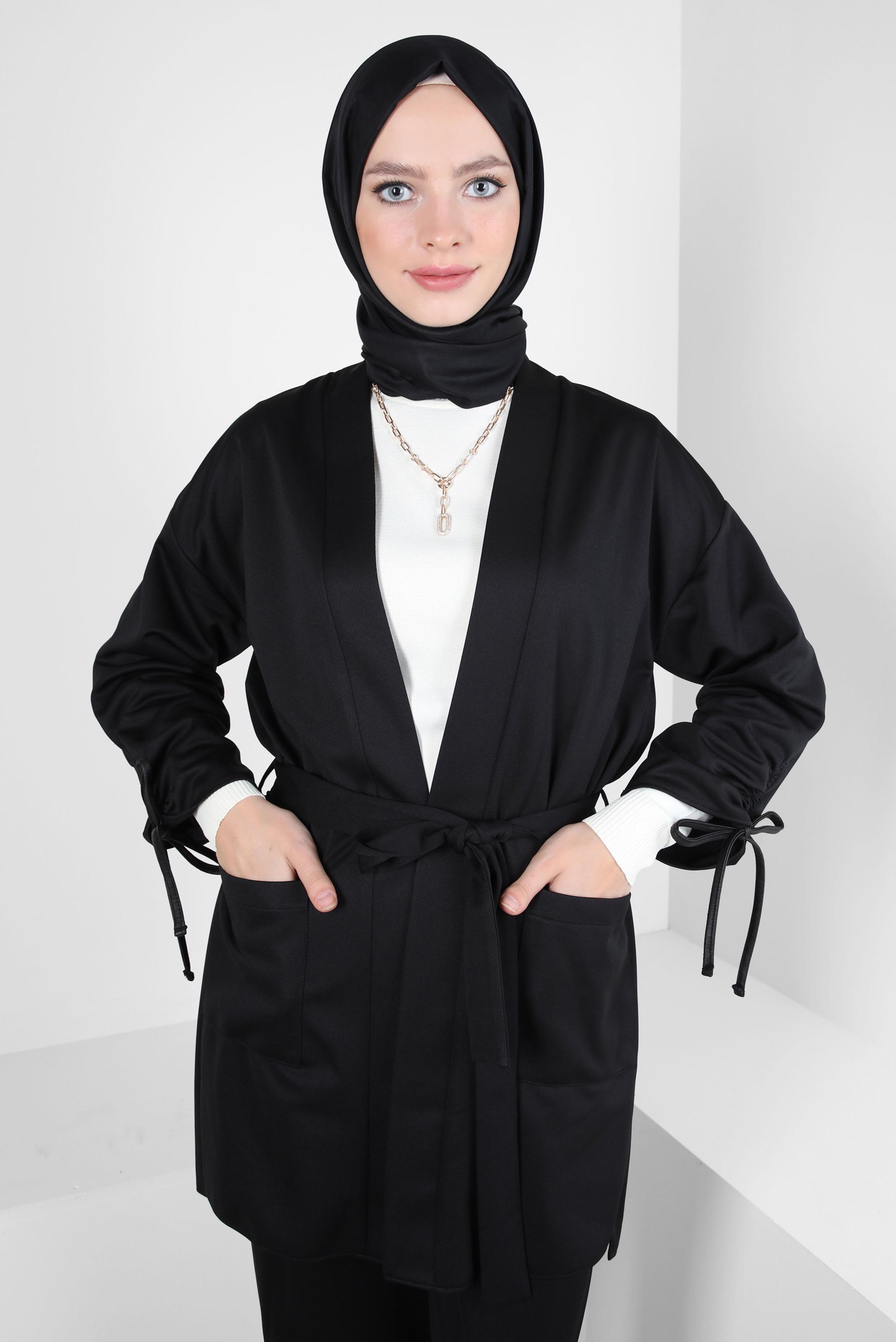 Tesettür giyim SİYAH KUŞAKLI PANTOLONLU TAKIM 44228