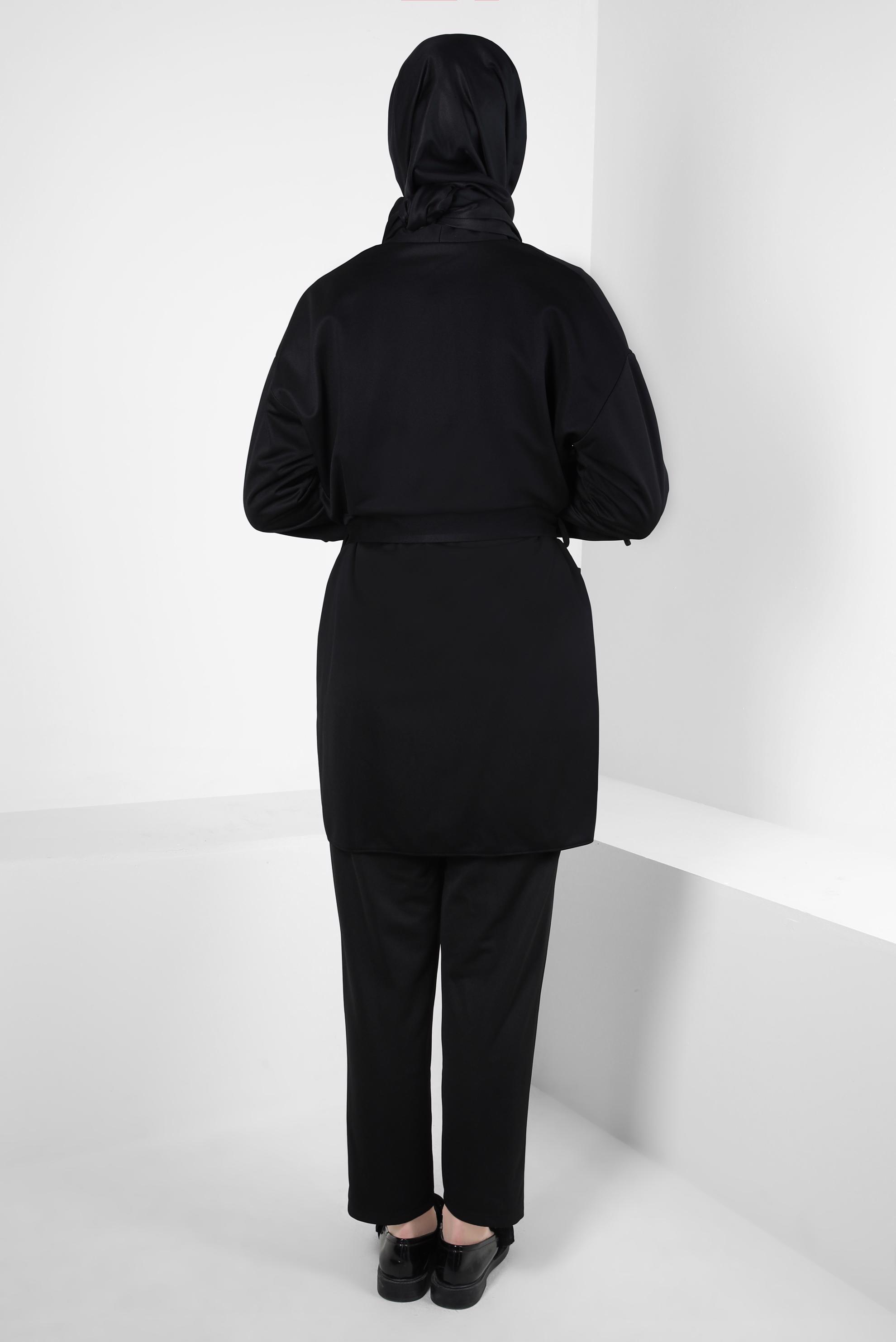 Tesettür giyim SİYAH KUŞAKLI PANTOLONLU TAKIM 44228