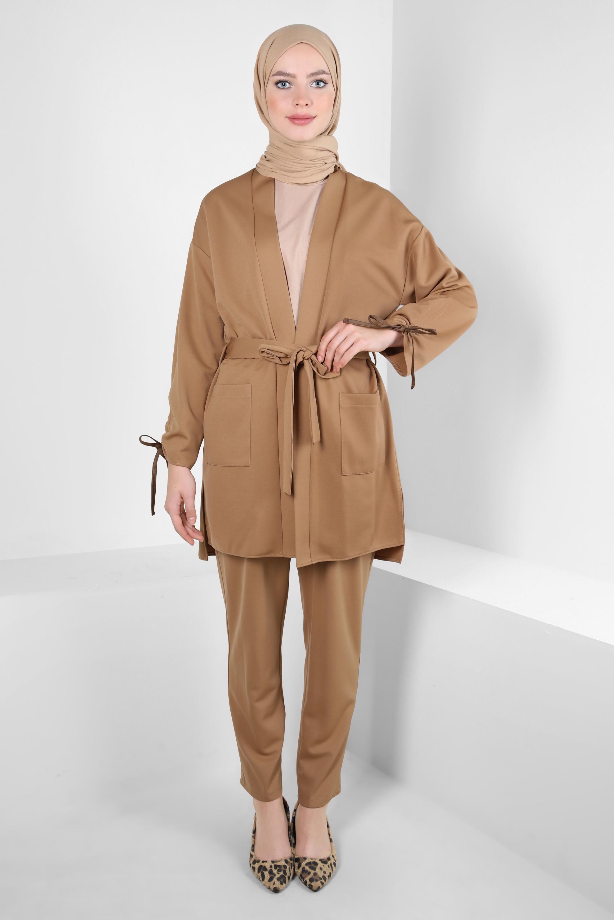 Tesettür giyim KAHVE KUŞAKLI PANTOLONLU TAKIM 44228