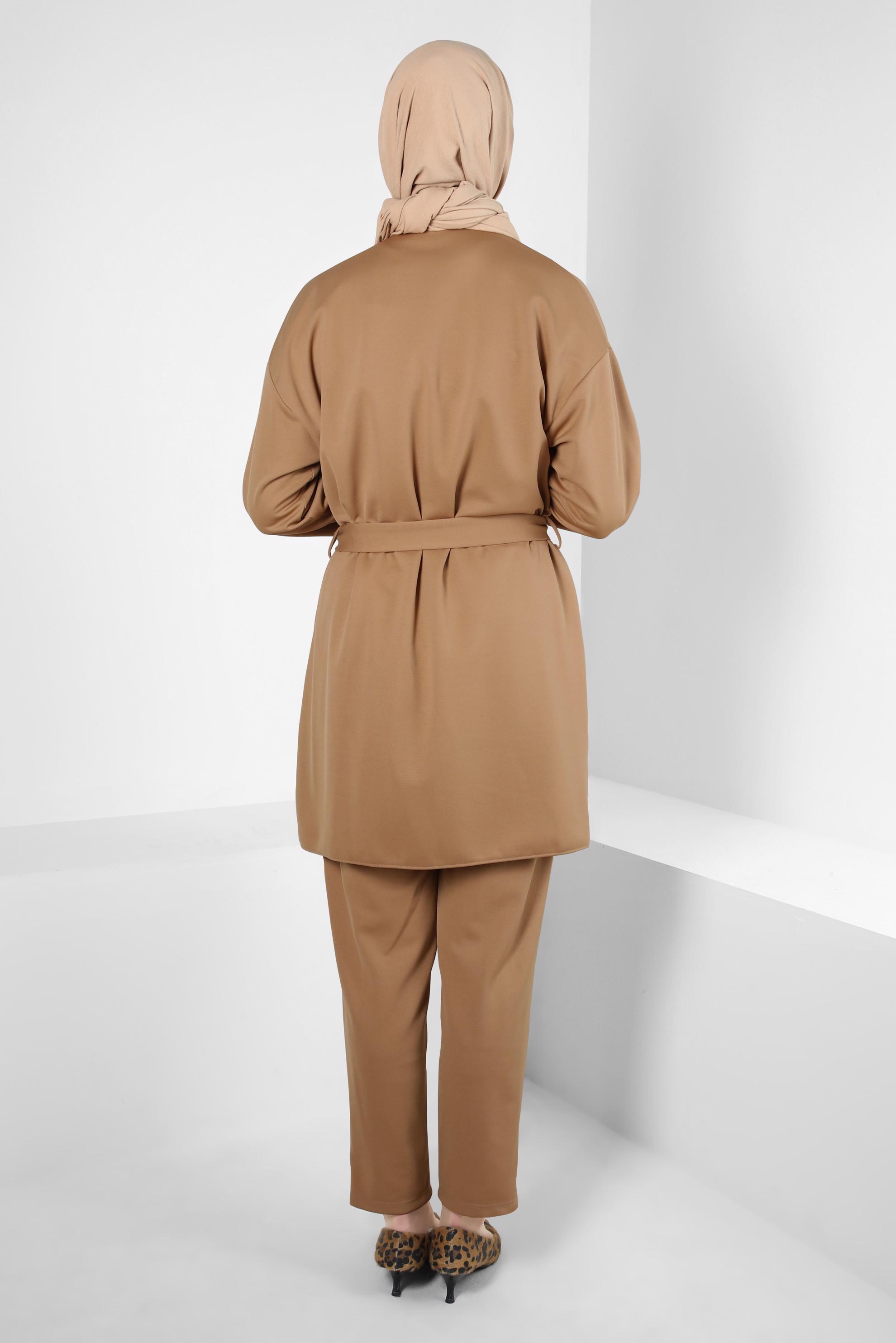 Tesettür giyim KAHVE KUŞAKLI PANTOLONLU TAKIM 44228