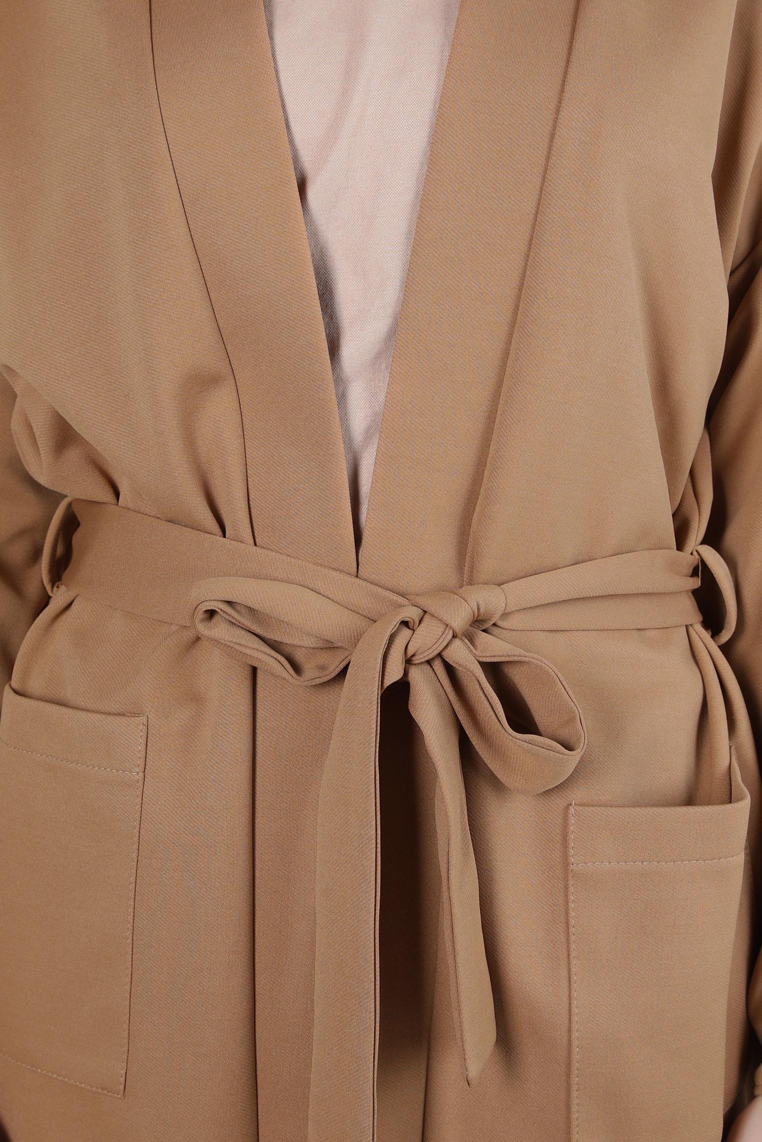 Tesettür giyim KAHVE KUŞAKLI PANTOLONLU TAKIM 44228