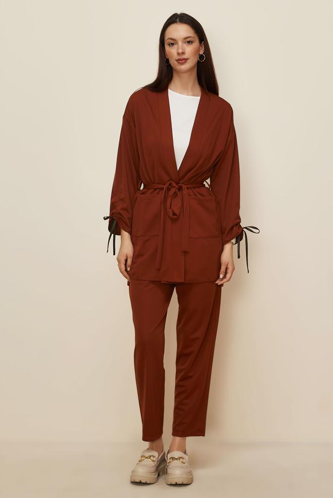 Tesettür giyim TURUNCU KUŞAKLI PANTOLONLU TAKIM 44228 - ALVİNA