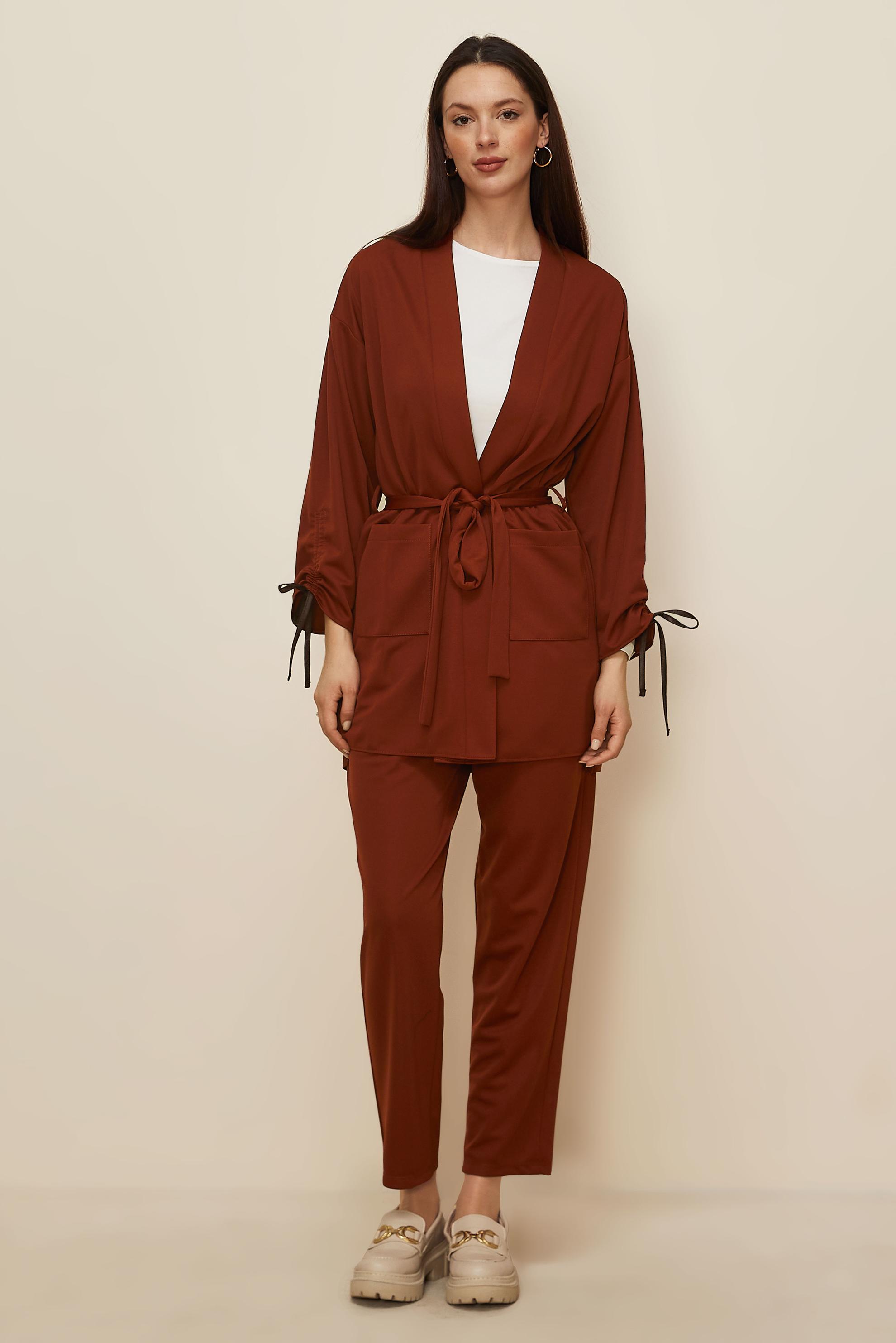 Tesettür giyim TURUNCU KUŞAKLI PANTOLONLU TAKIM 44228