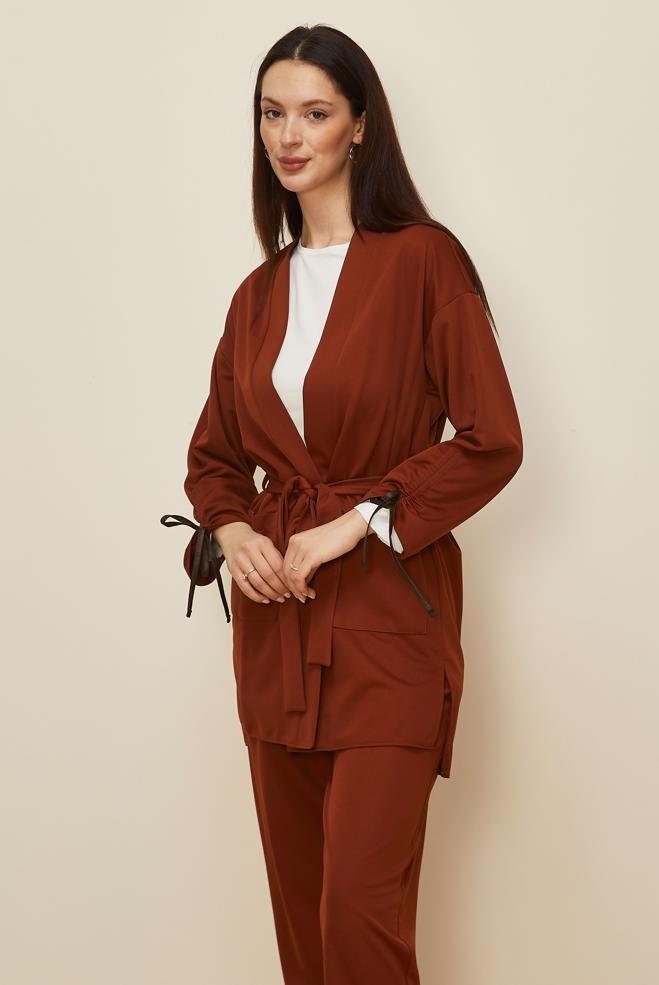 Tesettür giyim TURUNCU KUŞAKLI PANTOLONLU TAKIM 44228 - ALVİNA